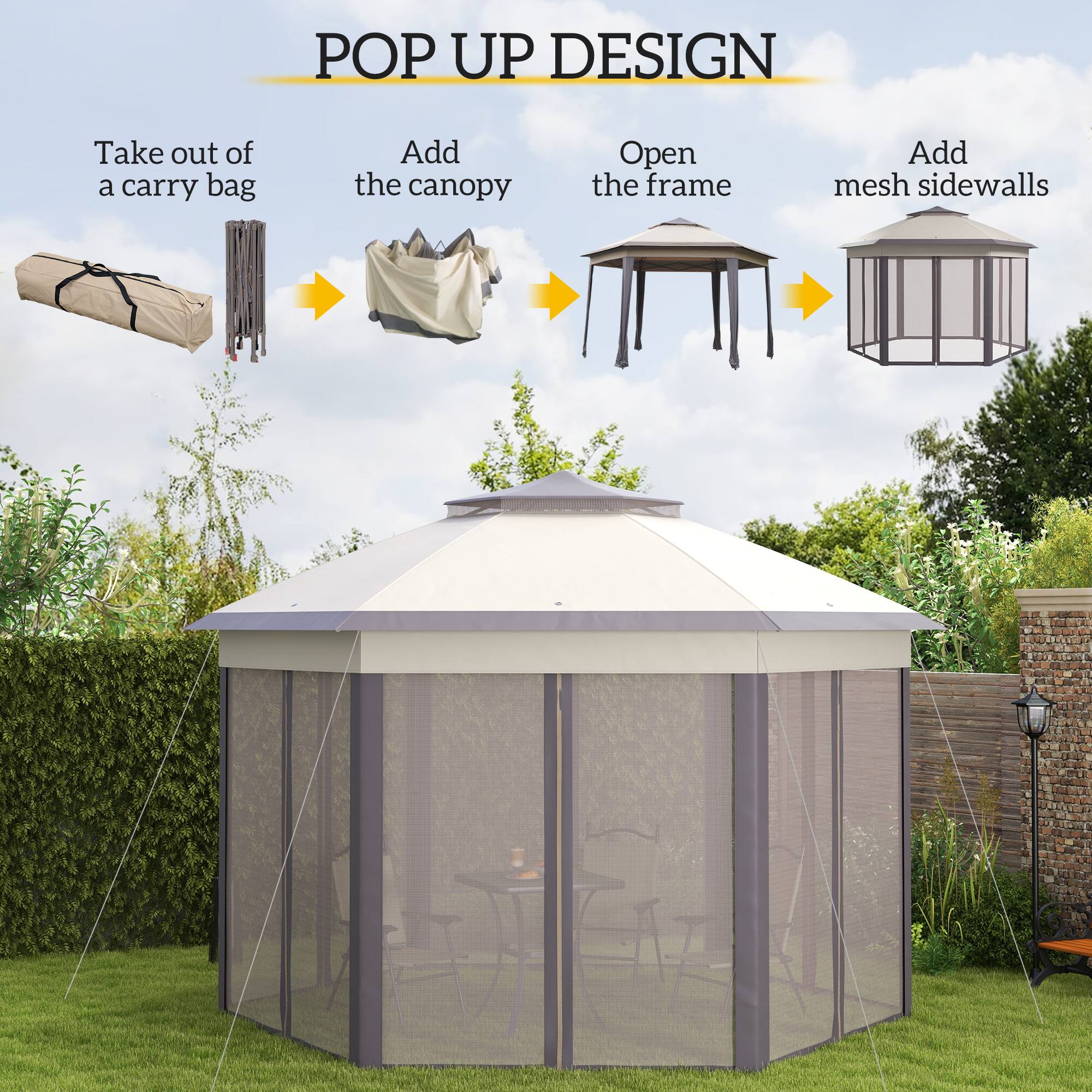 POP UP DESIGN  
Take out of a carry bag  
Add the canopy  
Open the frame  
Add mesh sidewalls
