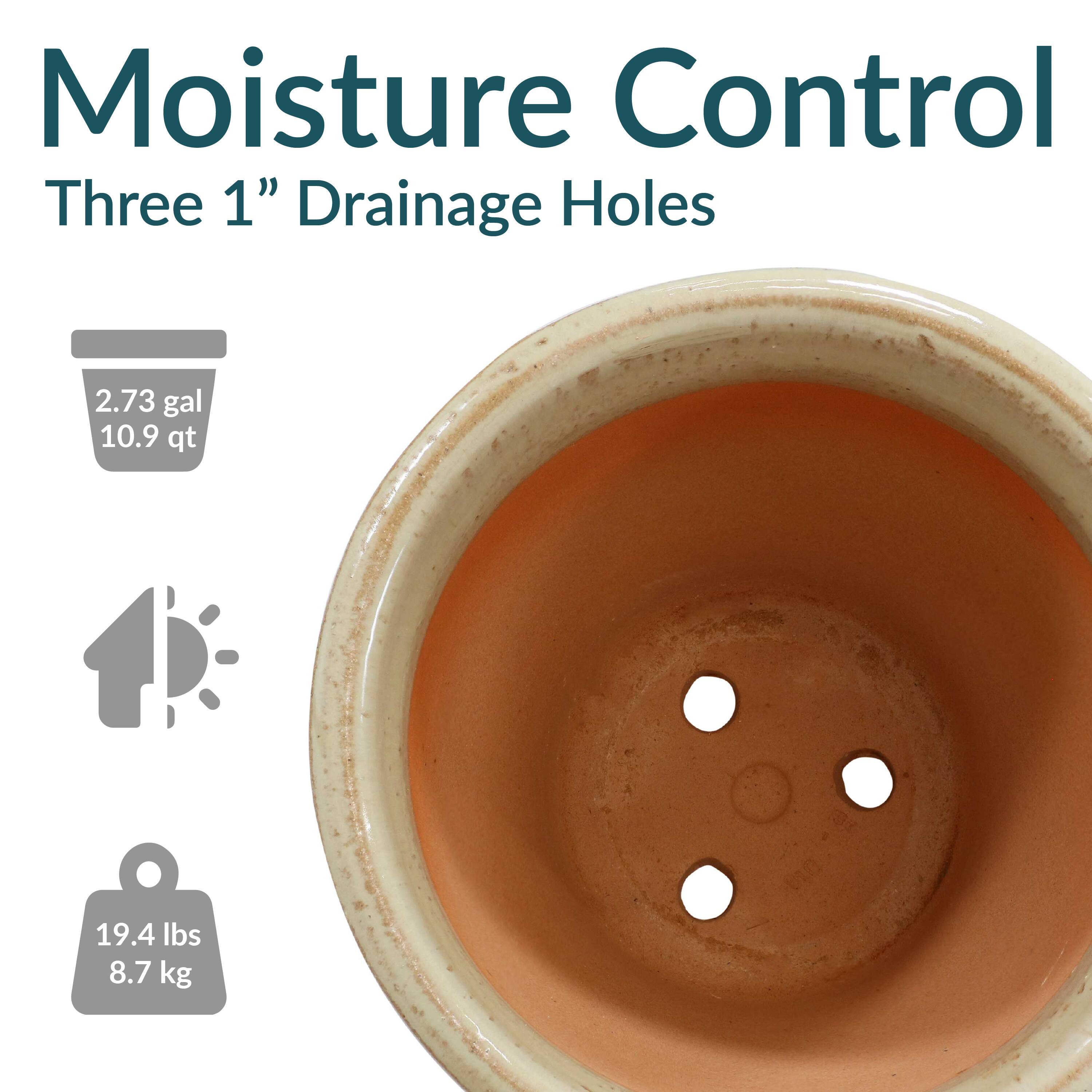 Moisture Control  
Three 1" Drainage Holes  

2.73 gal  
10.9 qt  

19.4 lbs  
8.7 kg