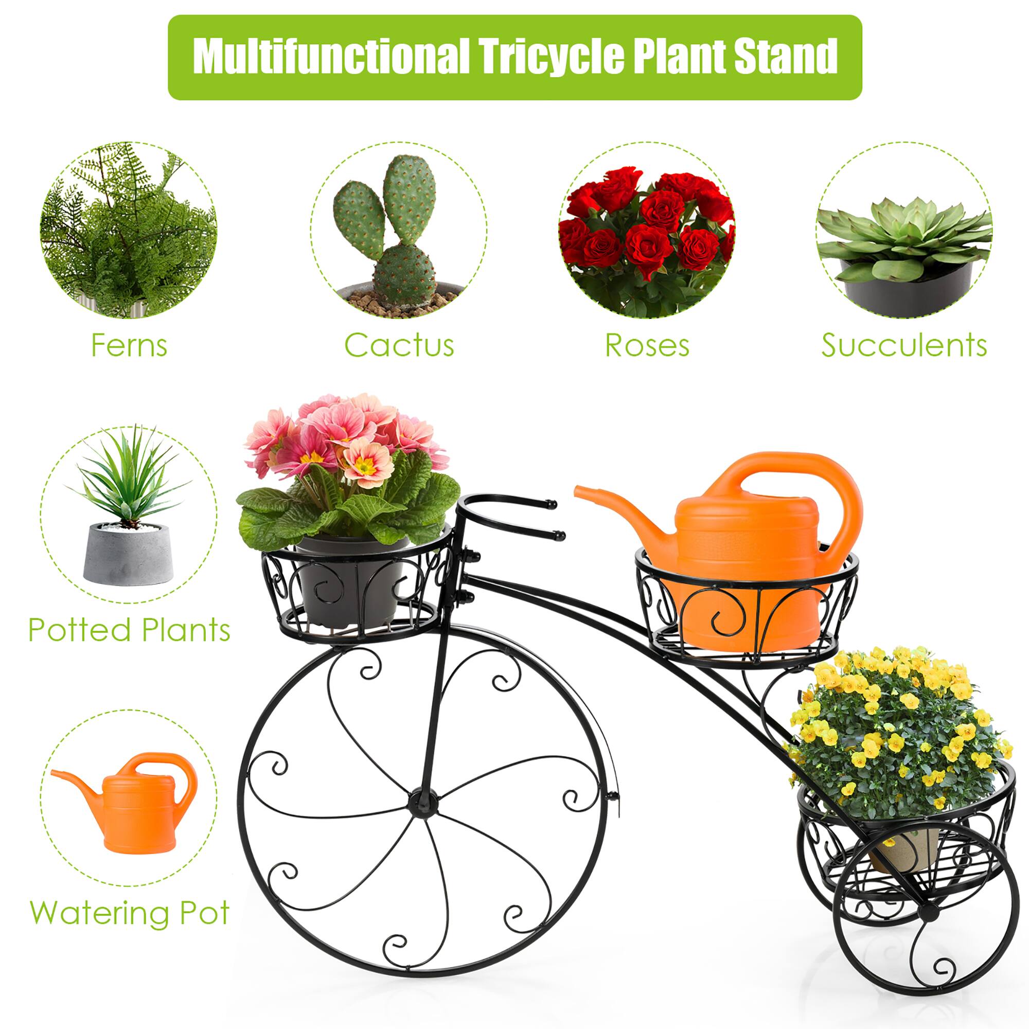 Multifunctional Tricycle Plant Stand: Ferns, Cactus, Roses, Succulents, Potted Plants, Watering Pot