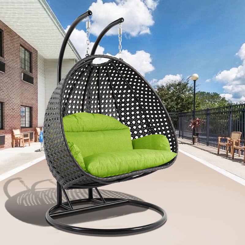 Left. LeisureMod - Leisuremod Outdoor 2-Person Charcoal Wicker Egg Swing Chair with Steel Stand, Washable Cushions & Waterproof Cover - Light Green.