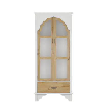 Front. FUFU & GAGA - Vintage Glass - Door Display Cabinet: Carved Details, Mixed - Material, Multi - Shelf - White.