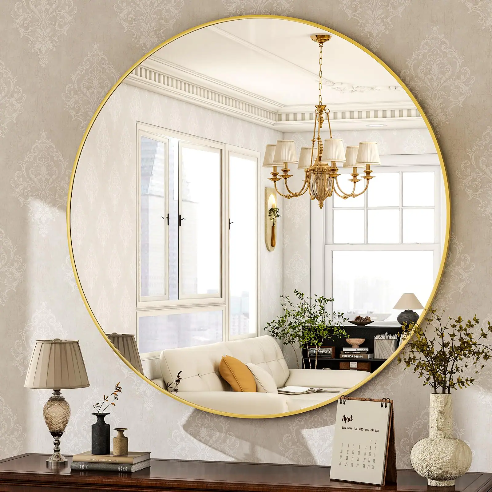 Front. Empire DigiLabs - Round Mirror 30 Wall Mounted Circle Mirrors Vanity With Brushed Aluminum Alloy Frame Modern Decoration For - Gold 30"L x 30"W.