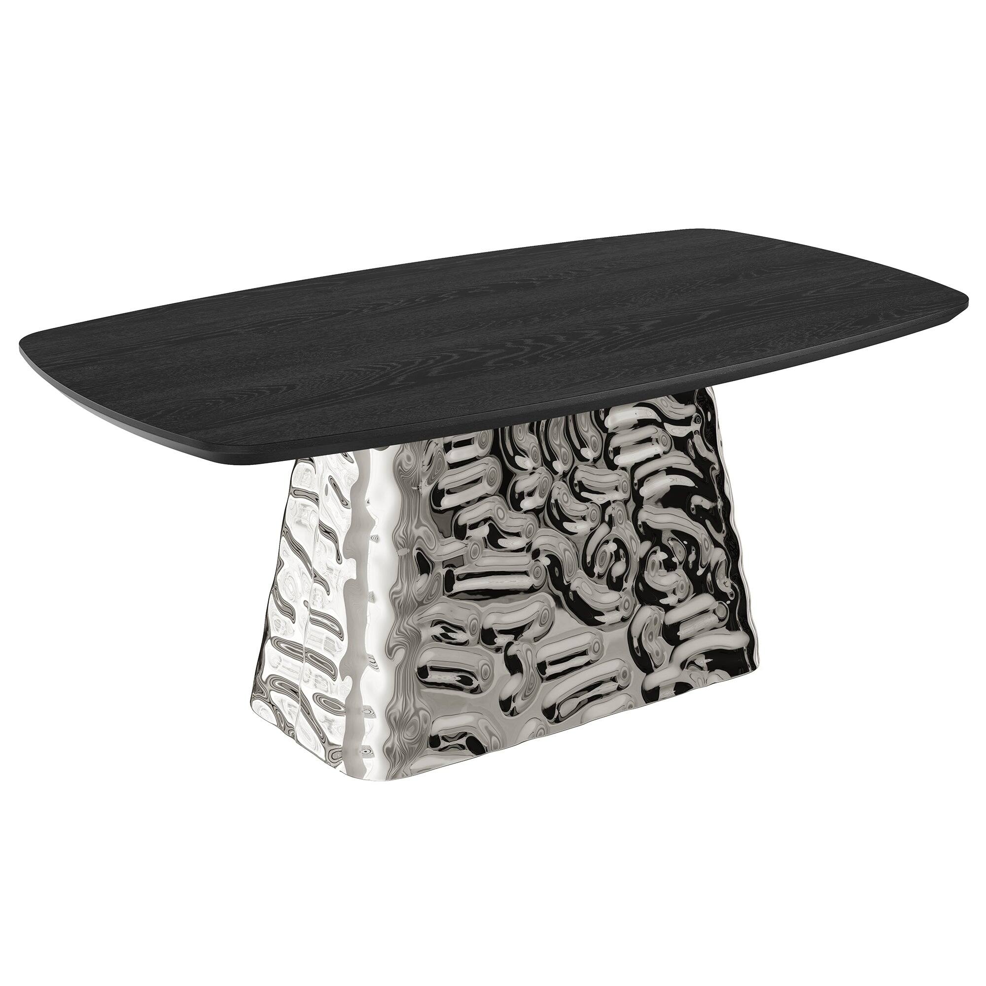 Front. Boyel Living - Silver and Black Wood 70.87 Inch Pedestal Dining Table Seats 6 Modern Luxury Stainless Steel Base - Multi-Colored.