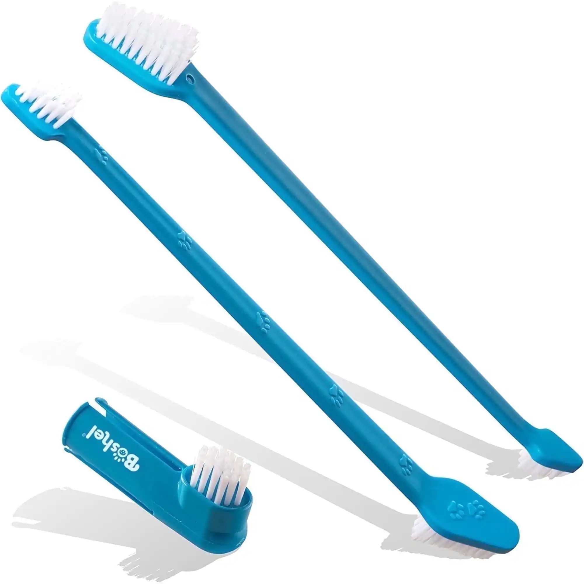 Front. Boshel - Dual-Headed Dog Toothbrush 3 Pack, 2 Long-Handled Brushes + 1 Finger Toothbrush.