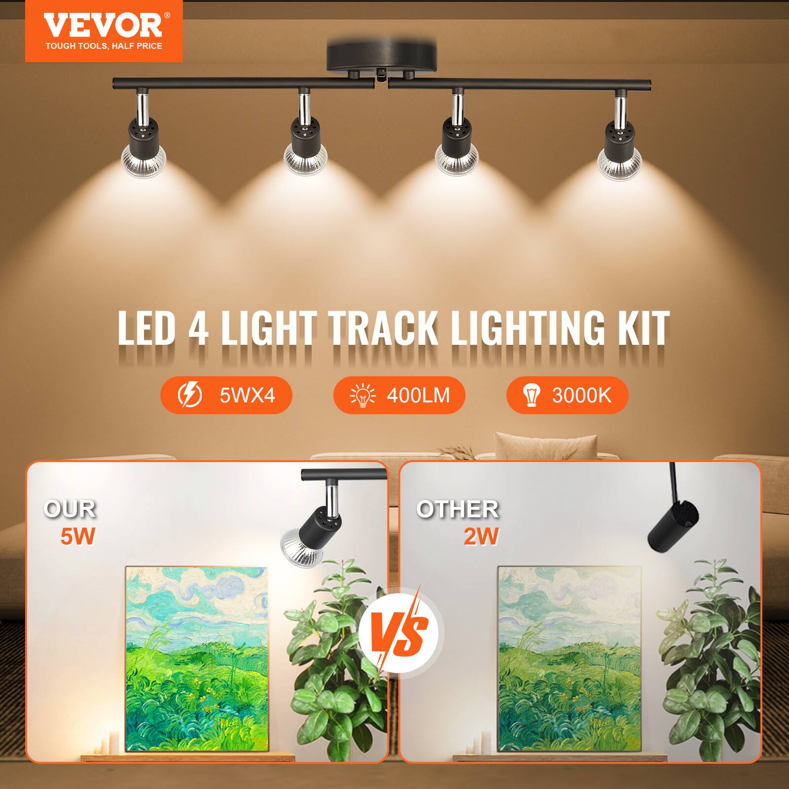 VEVOR TOUGH TOOLS. HALF PRICE LED 4 LIGHT TRACK LIGHTING KIT 5Wx4 400LM 3000K OUR 5W VS OTHER 2W