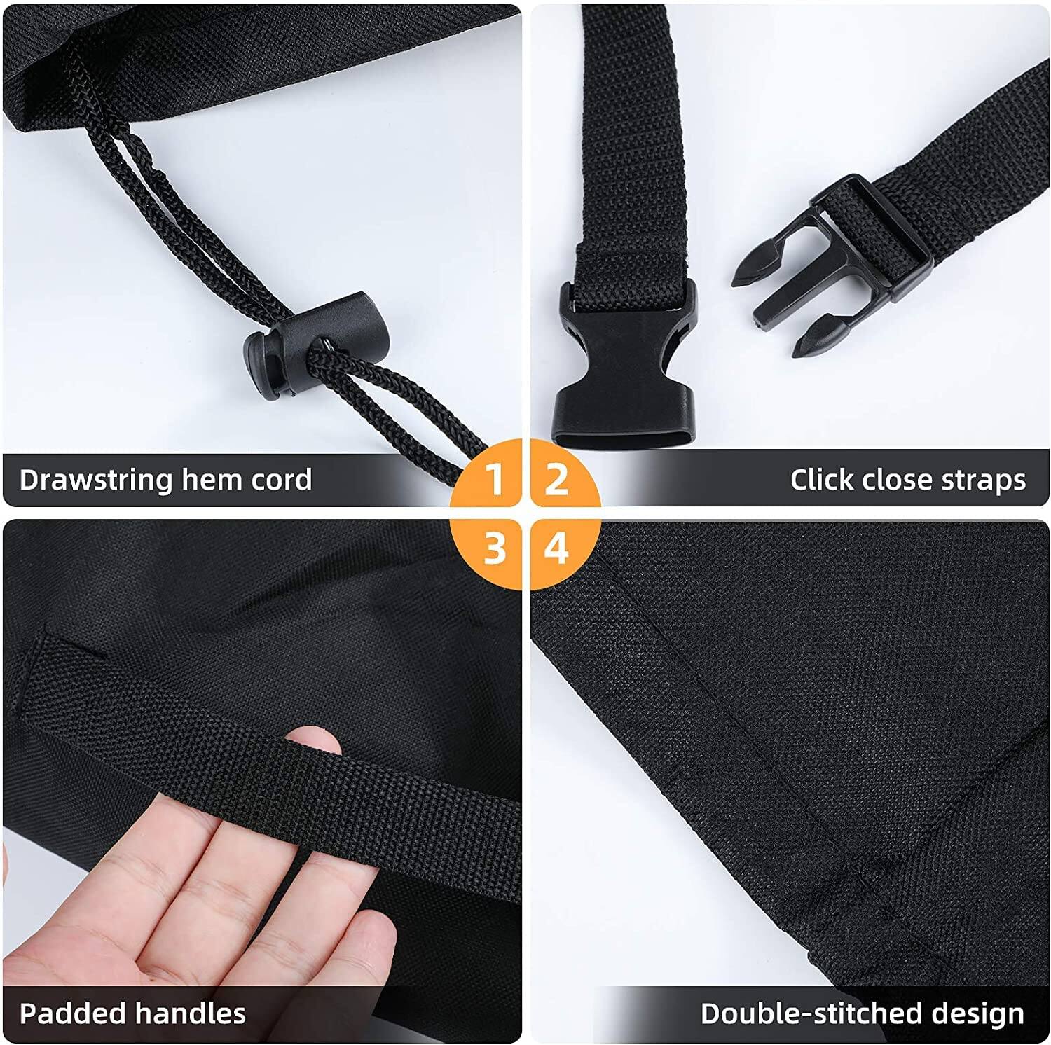 1. Drawstring hem cord  
2. Click close straps  
3. Padded handles  
4. Double-stitched design
