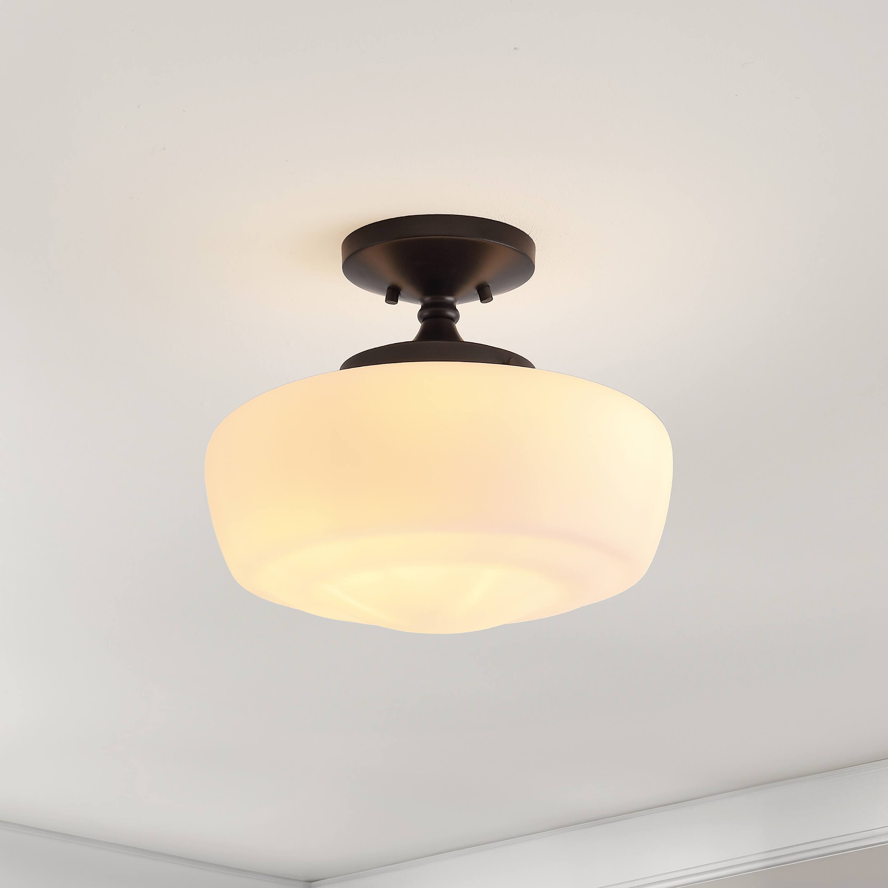 Alt View 1. Jonathan Y - Marfa 14" 1-Light Modern Farmhouse Schoolhouse Frosted Glass/Metal LED Semi Flush Mount, Oil Rubbed Bronze/Frosted - Oil Rubbed Bronze.
