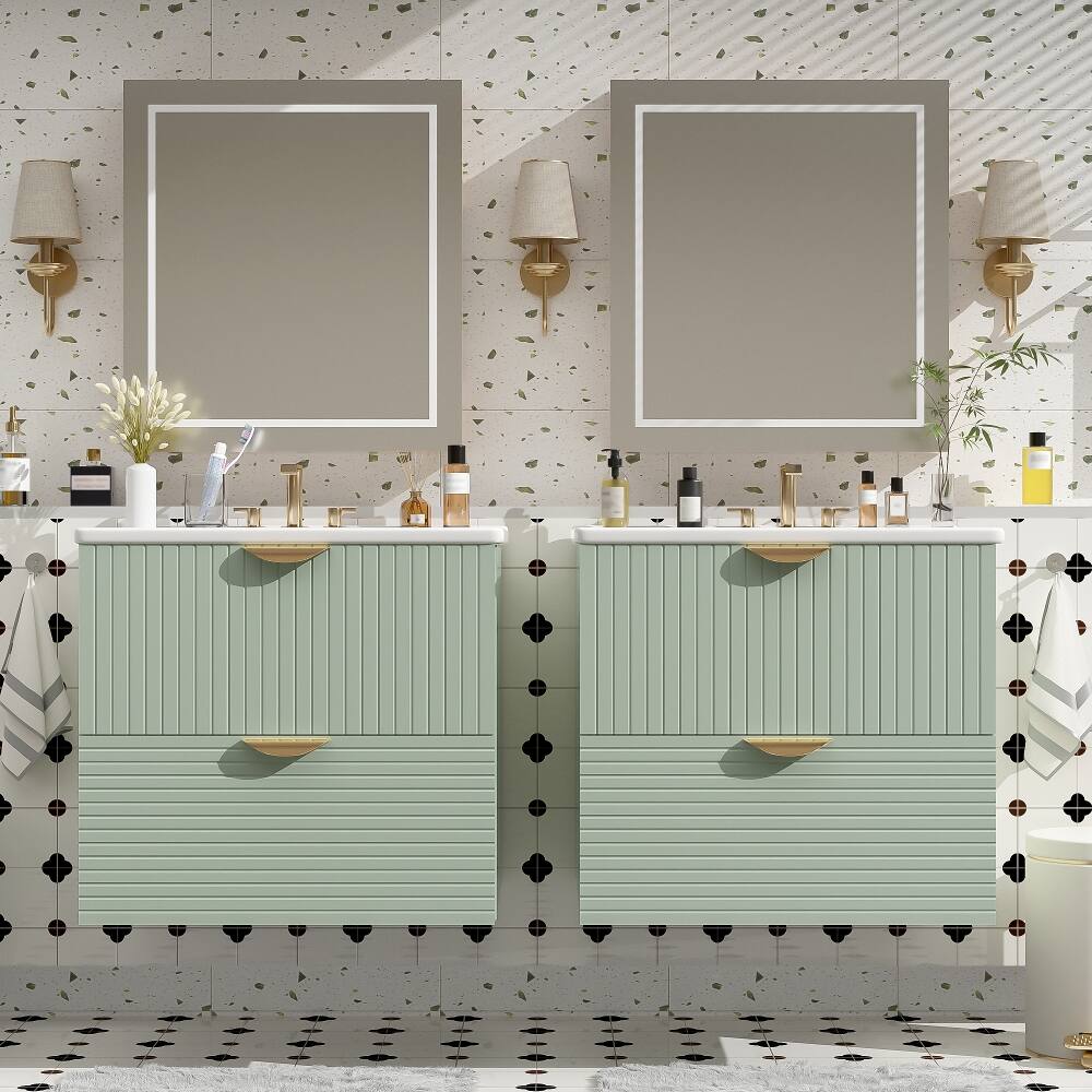 Angle. Loheer - Loheer 48 inch Wall Mounted Bathroom Vanity Green Floating Double Vanity with Ceramic Sinks - Green.