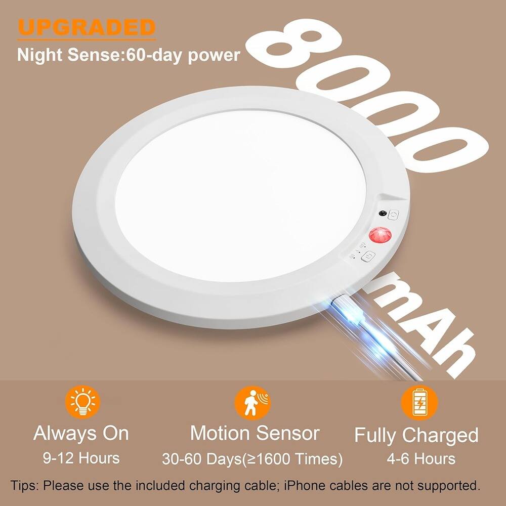UPGRADED  
Night Sense: 60-day power  

8000 mAh  

Always On  
9-12 Hours  

Motion Sensor  
30-60 Days (21600 Times)  

Fully Charged  
4-6 Hours  

Tips: Please use the included charging cable; iPhone cables are not supported.