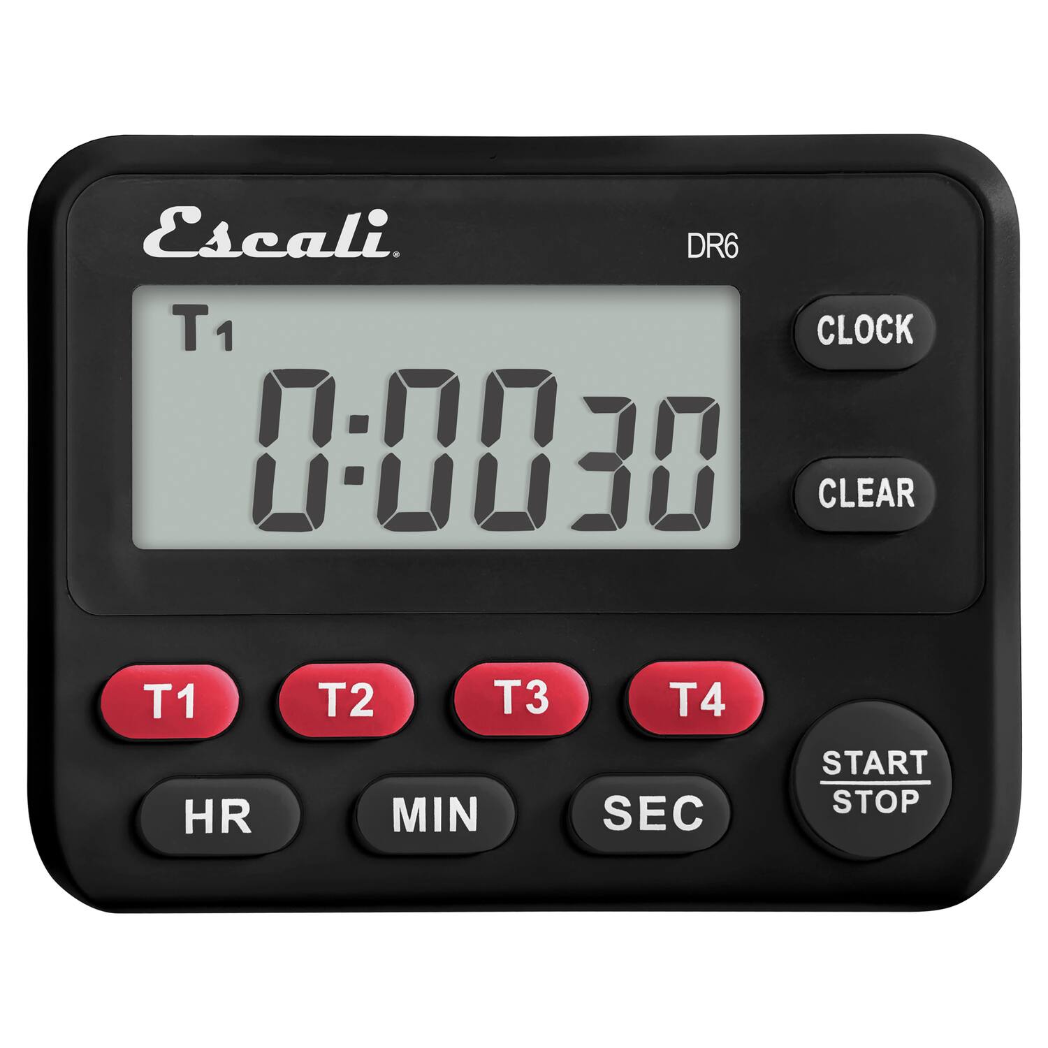 Escali DR6  
CLOCK 0-0030  
CLEAR  
T1 HR T2 T3 MIN T4 SEC  
START STOP