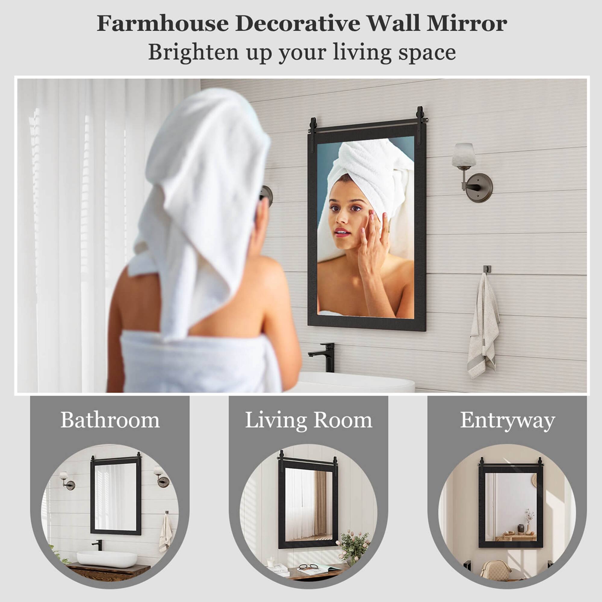 Farmhouse Decorative Wall Mirror  
Brighten up your living space  

Bathroom  
Living Room  
Entryway