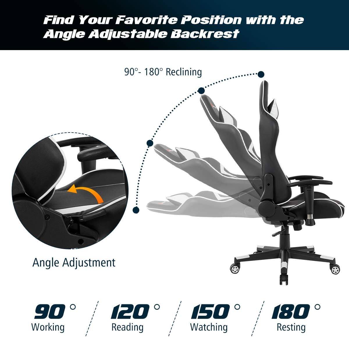 Find Your Favorite Position with the Angle Adjustable Backrest: 90-180 Reclining Angle Adjustment. 90 for Working, 120 for Reading, 150 for Watching, and 180 for Resting.