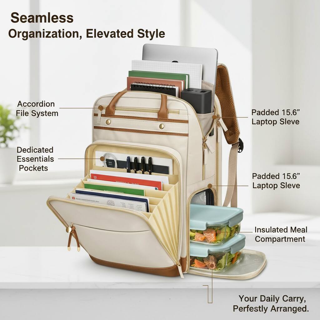 Seamless Organization, Elevated Style  
Accordion File System  
Dedicated Essentials Pockets  
Padded 15.6" Laptop Sleeve  
Padded 15.6" Laptop Sleeve  
Insulated Meal Compartment  
Your Daily Carry, Perfectedly Arranged.