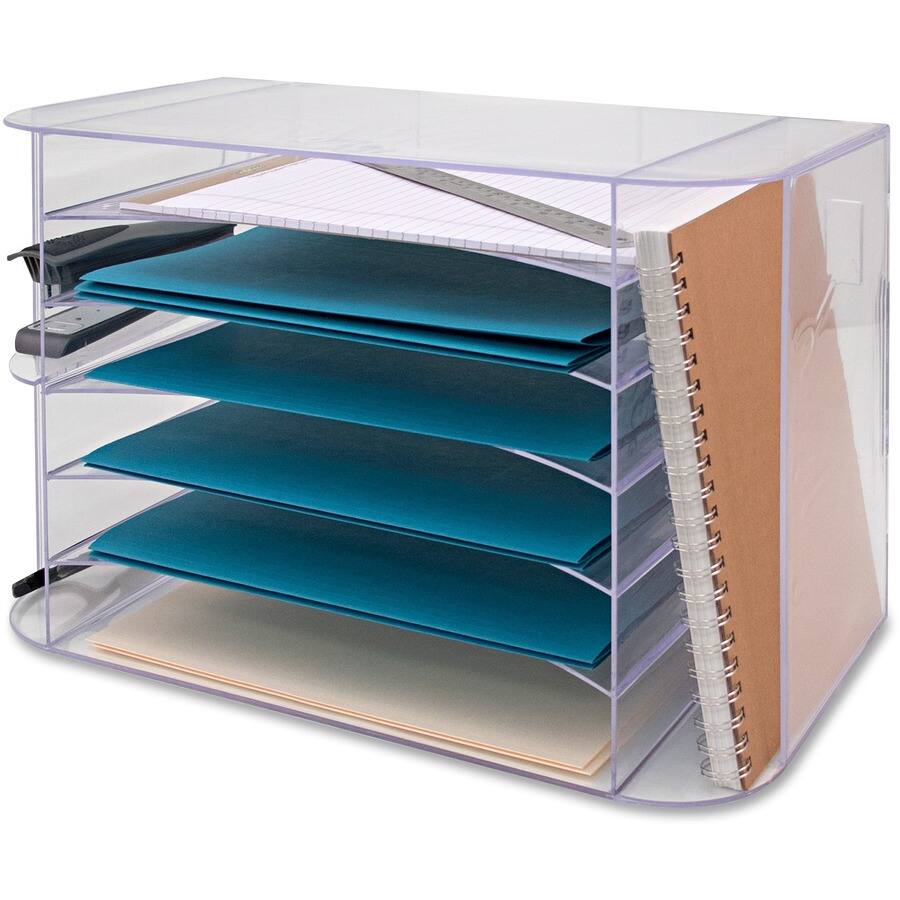 Angle. Business Source - Business Source 6 tray Jumbo Desk Sorter 3 Pocket 6 Compartment 12.25" x 18.13" x 10" Desktop Clear - Clear.