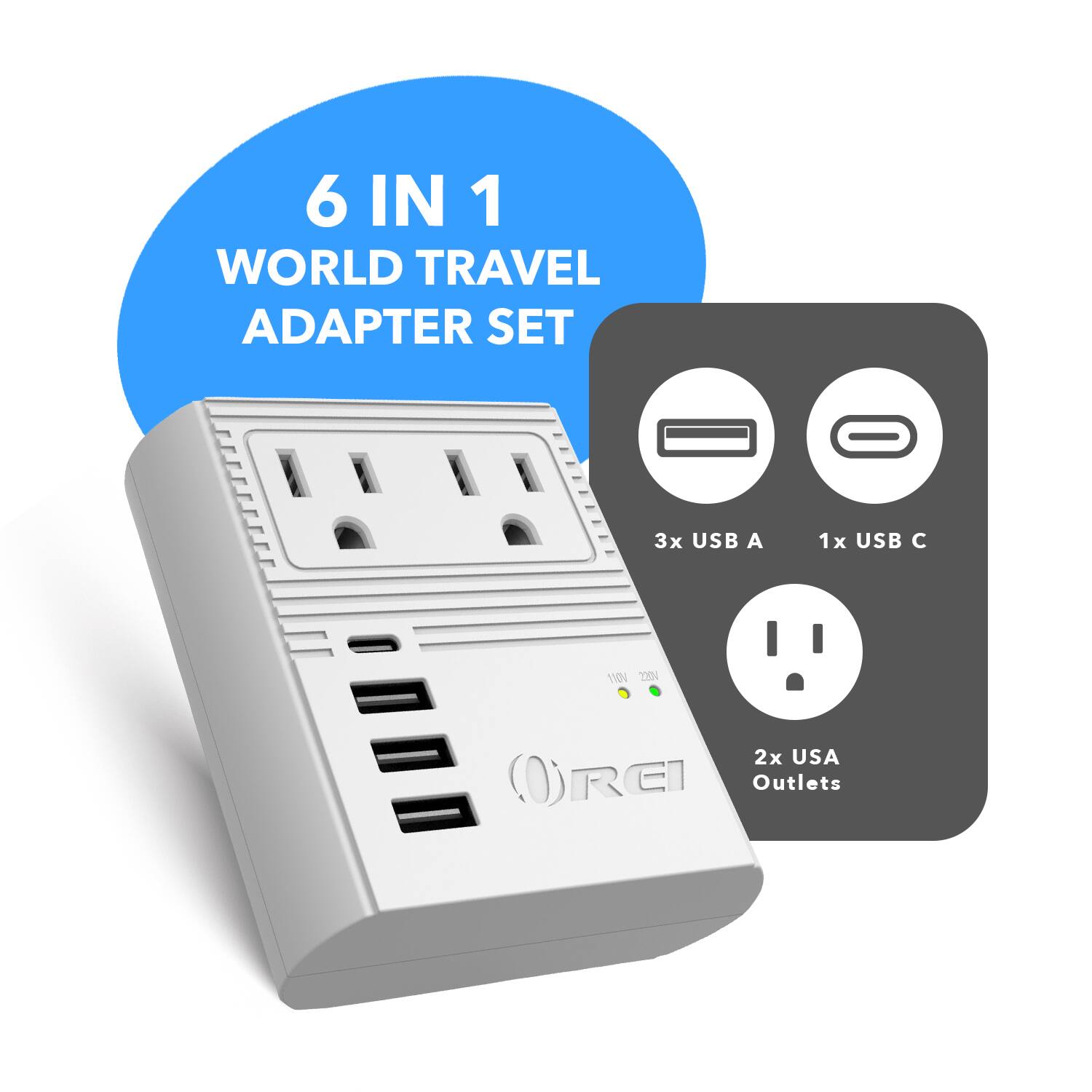 6 IN 1 WORLD TRAVEL ADAPTER SET  
3x USB A  
1x USB C  
2x USA Outlets