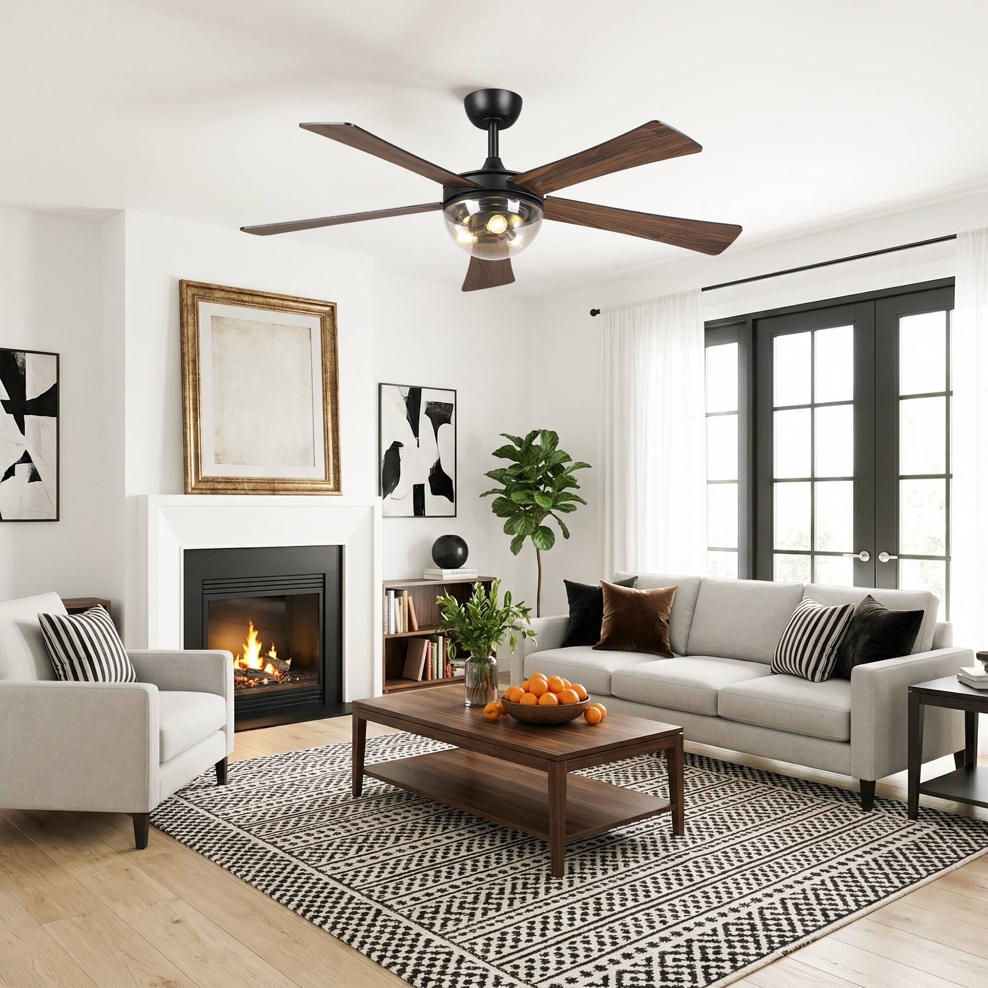 Angle. Parrot Uncle - 52" Farmhouse Industrial Glass Lampshade Ceiling Fan with Remote - Black.