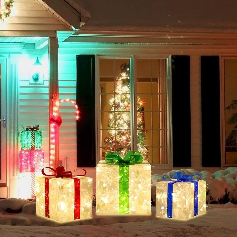 Angle. Schertz - "Set of 3 Lighted Christmas Gift Boxes with 70 LEDs, Outdoor Yard Decor" - multicolor.
