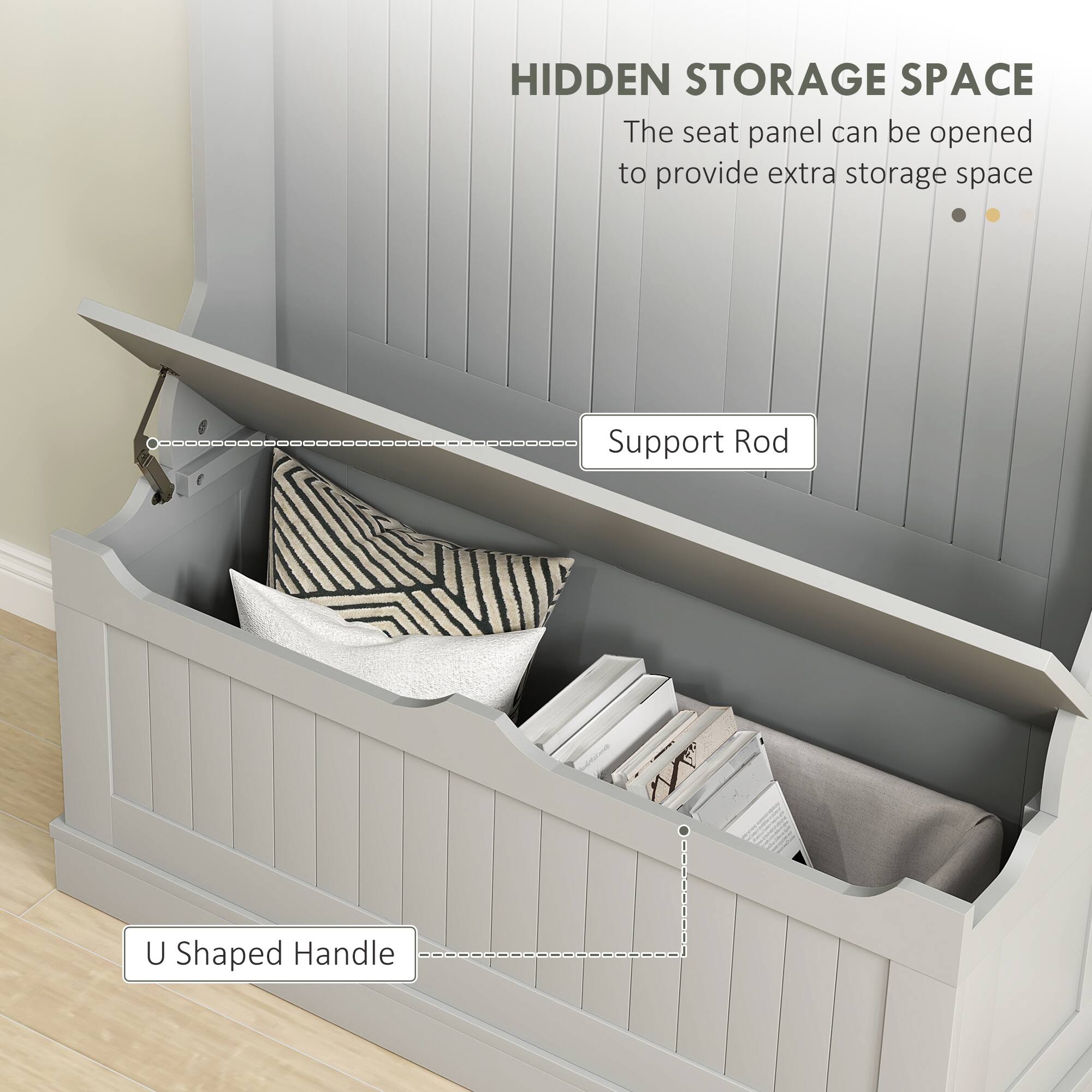 HIDDEN STORAGE SPACE
The seat panel can be opened to provide extra storage space
Support Rod
U Shaped Handle
