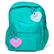 1200 - A pink and blue heart-shaped charm on a teal backpack.