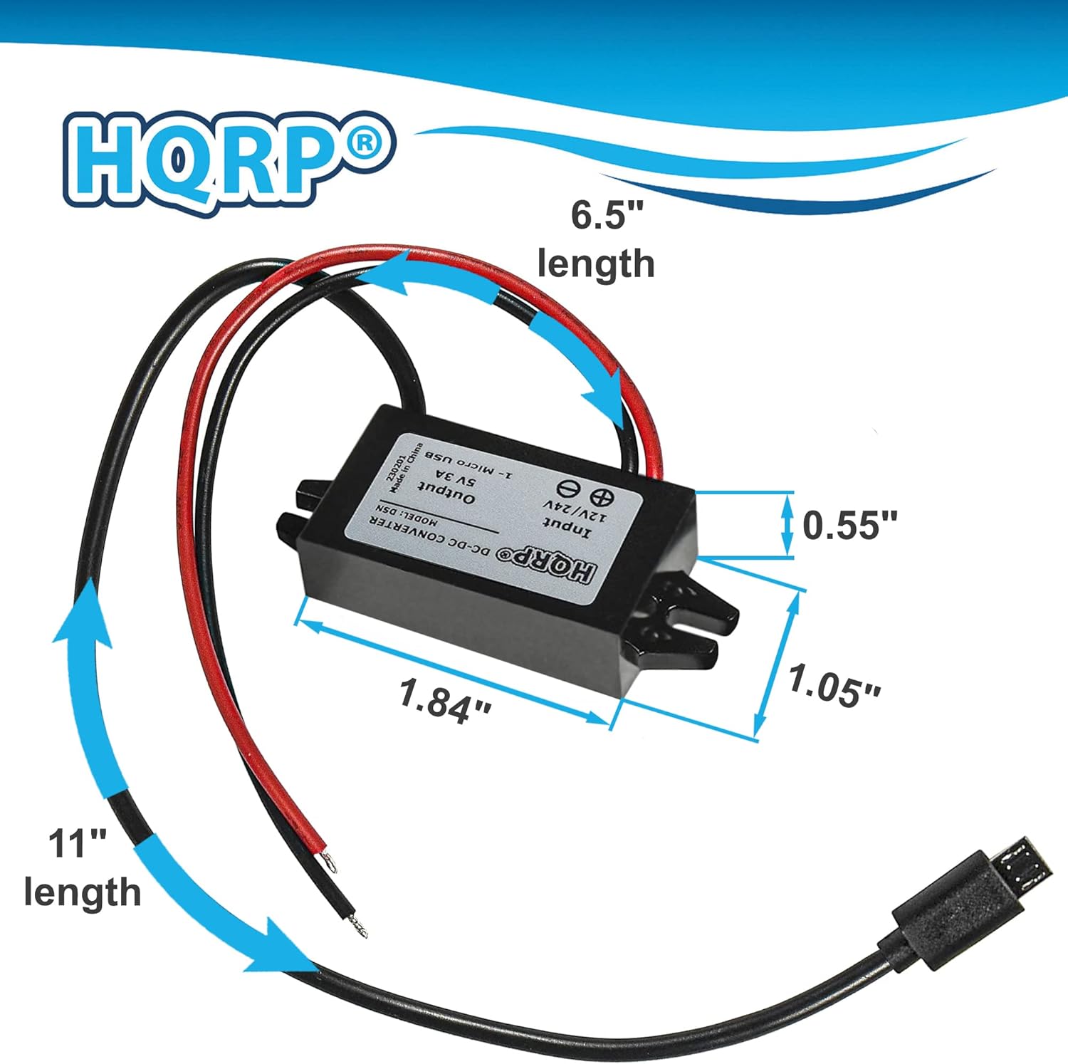 HQRP 6.5" length 1 UINB 2 inos in AC Micro 1. I AS Output NEO / HODEL Input CONVERTER DC-DC HQRP O 0.55" 1.84" 1.05" 11" length