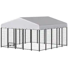 Pawhut - x 9.8' x 6' Outdoor Dog Kennel, Dog Kennel Outside Run with 360° Rotating Bowls - Silver
