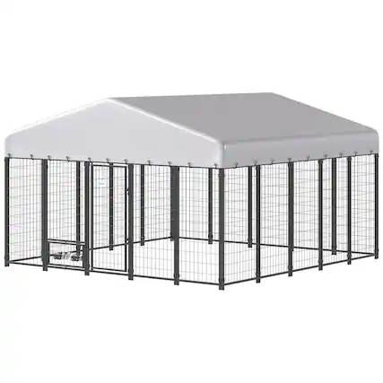 Front. Pawhut - x 9.8' x 6' Outdoor Dog Kennel, Dog Kennel Outside Run with 360° Rotating Bowls - Silver.