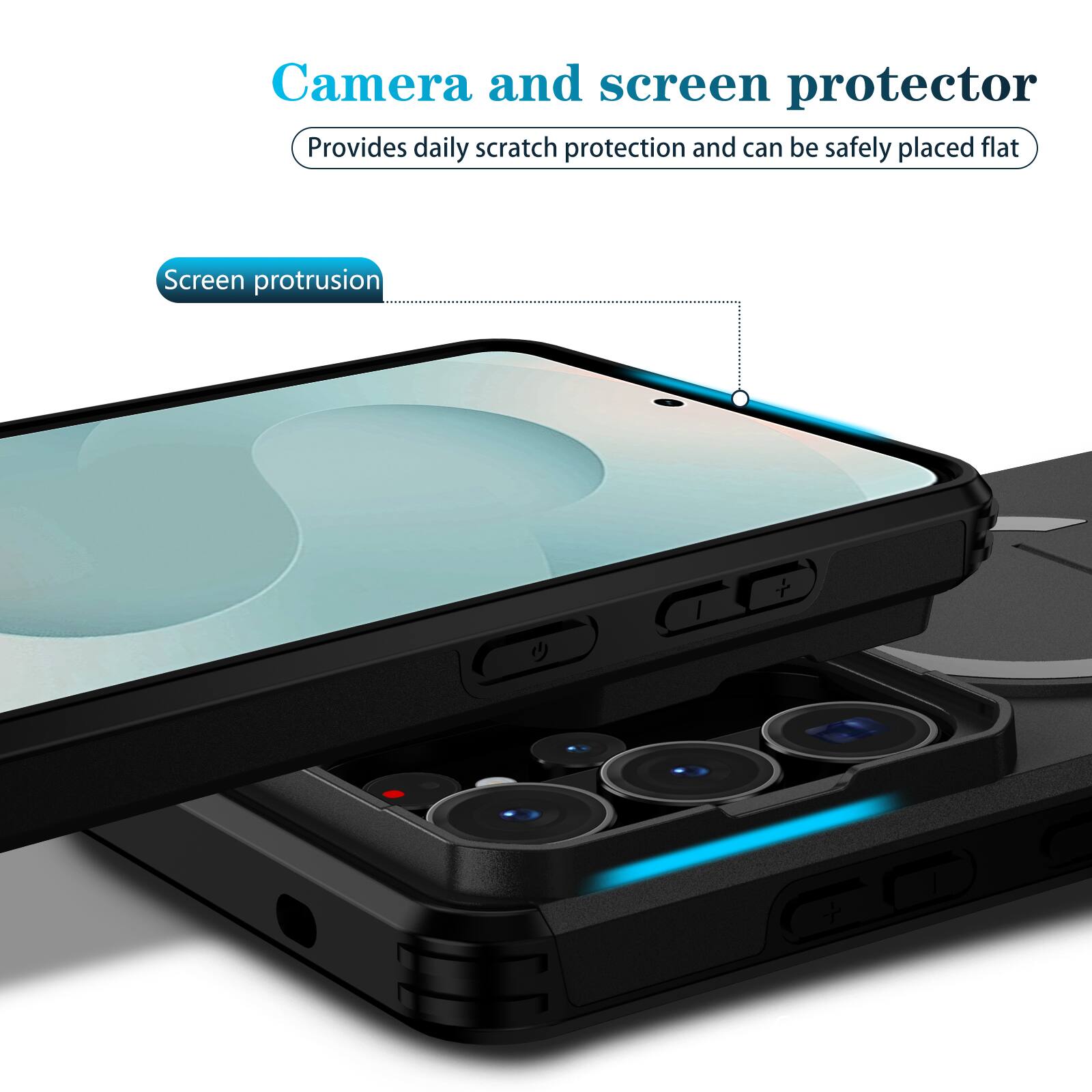Camera and screen protector  
Provides daily scratch protection and can be safely placed flat  
Screen protrusion