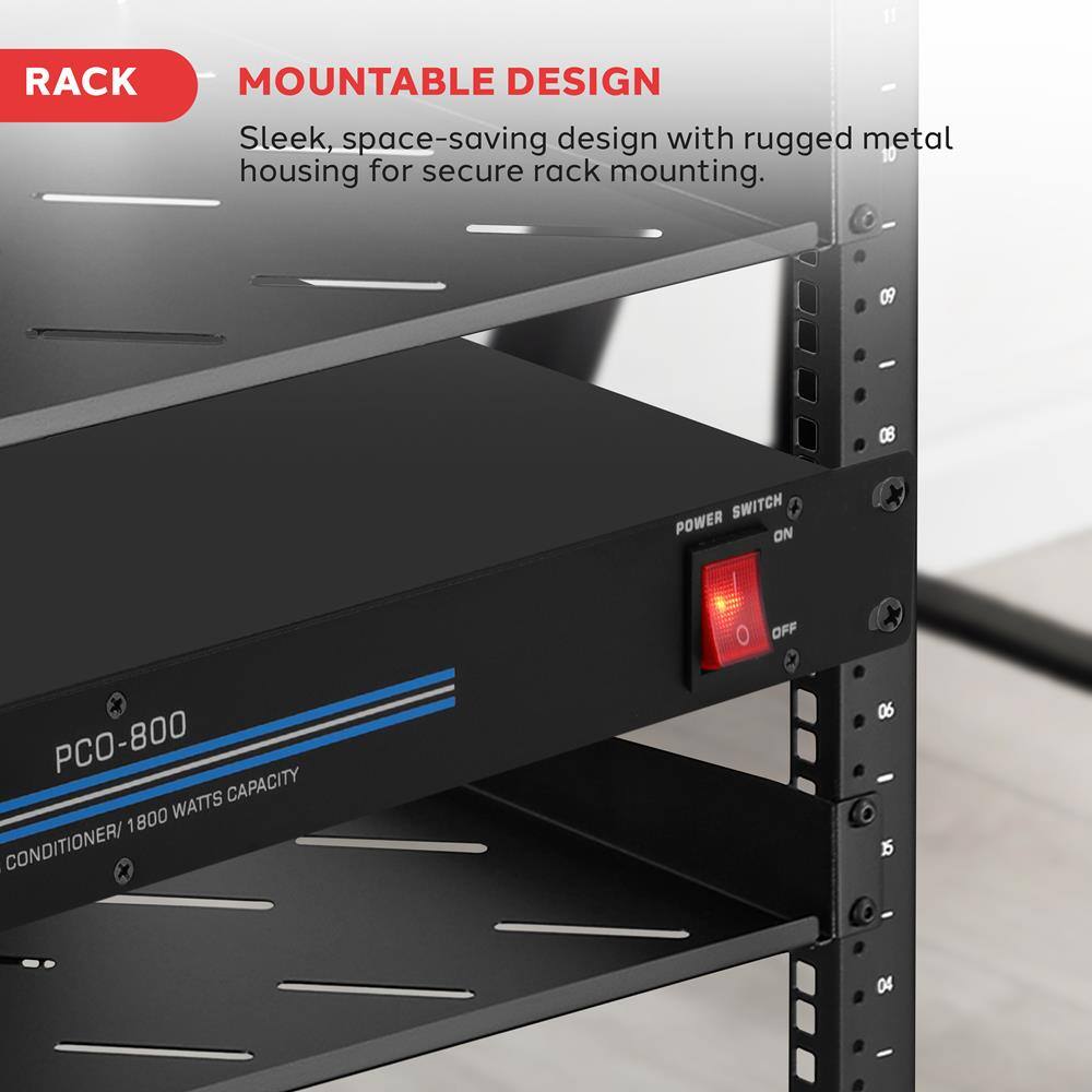 RACK MOUNTABLE DESIGN  
Sleek, space-saving design with rugged metal housing for secure rack mounting.  

SWITCH POWER ON OFF  

PCO-800  
CONDITIONER/ 1800 WATTS CAPACITY