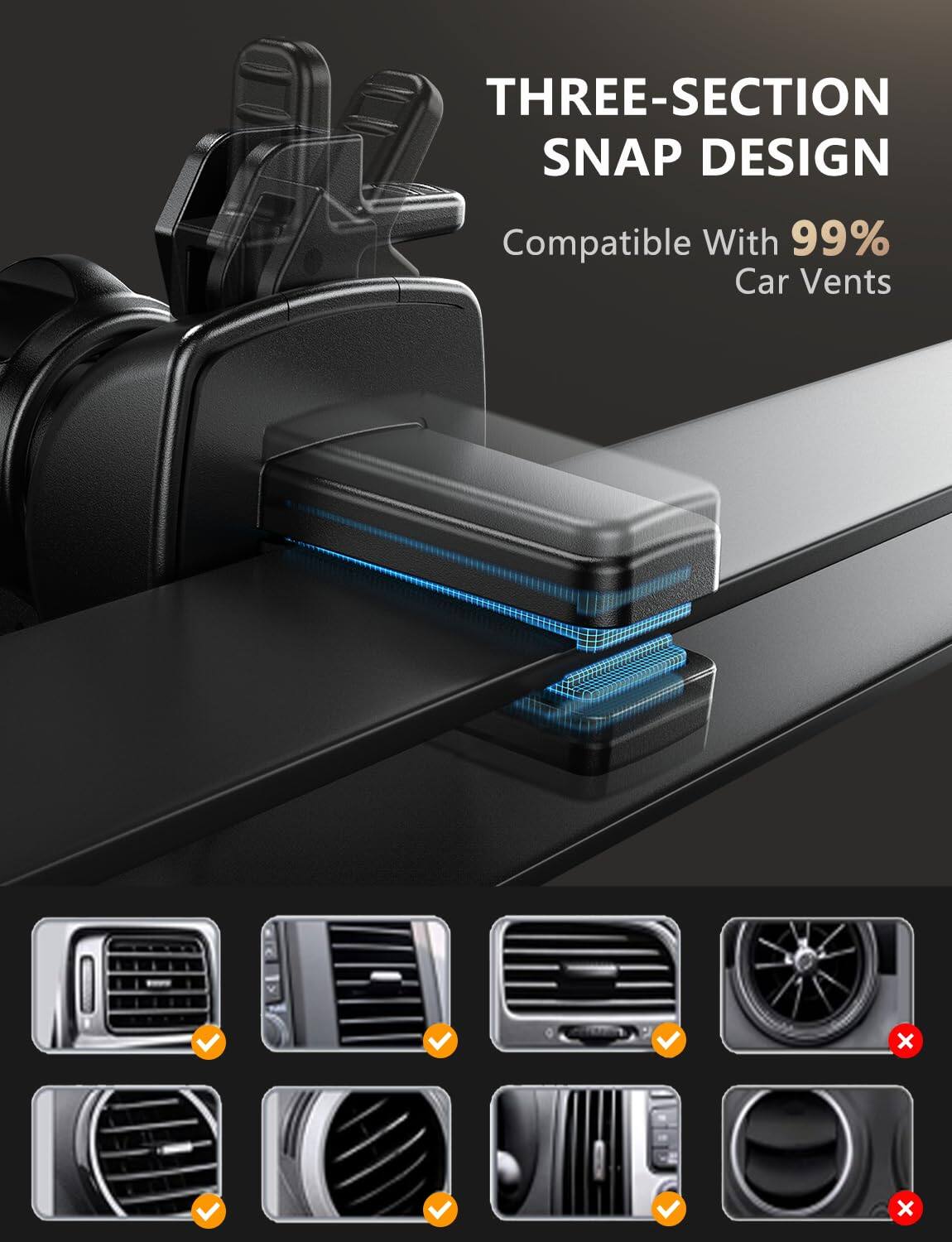 THREE-SECTION SNAP DESIGN  
Compatible With 99% Car Vents