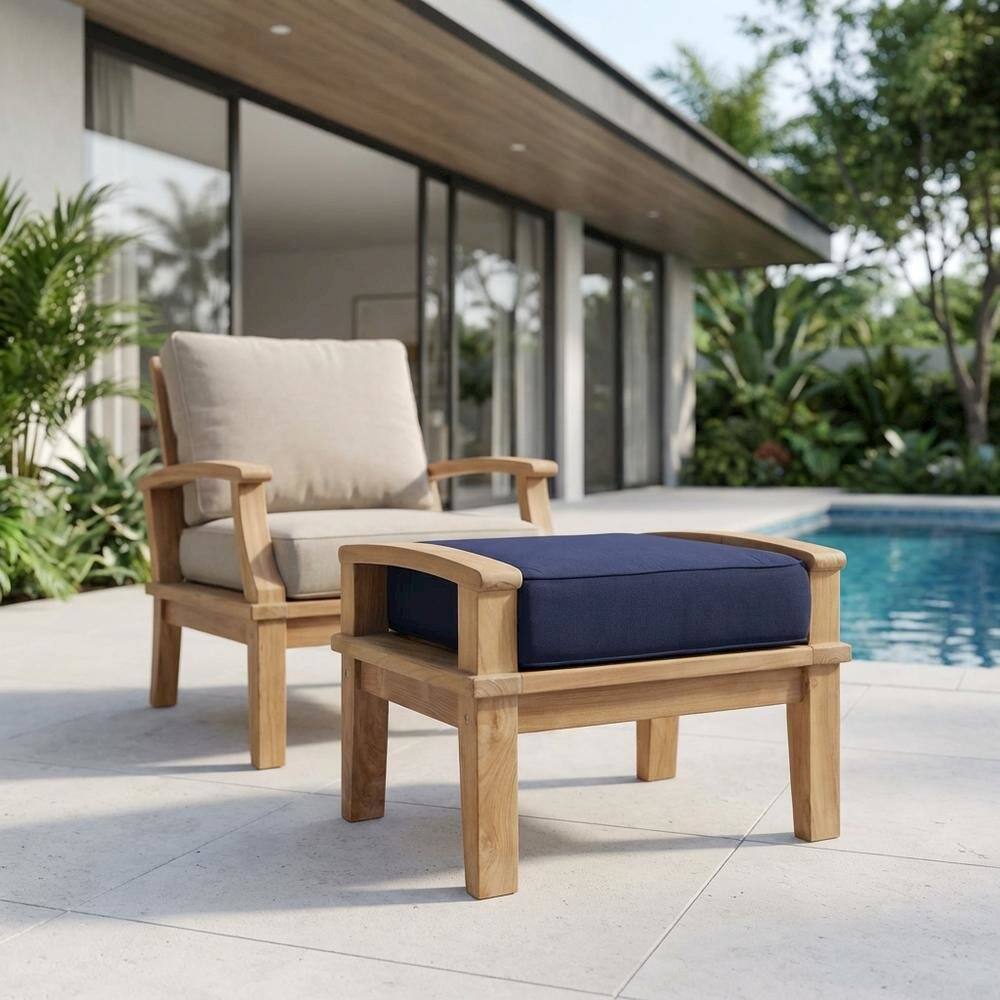 Left. Outdoor Escape - Durable Outdoor Teak Ottoman With Cushioned Top And Classic Design - Blue.