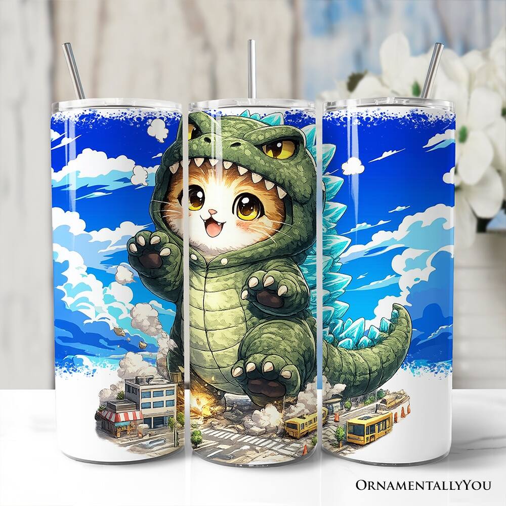 Left. OrnamentallyYou - Kawaii Cat Kaiju City Destroyer 20oz Tumbler With Lid and Stainless Steel Straw - Multicolored.