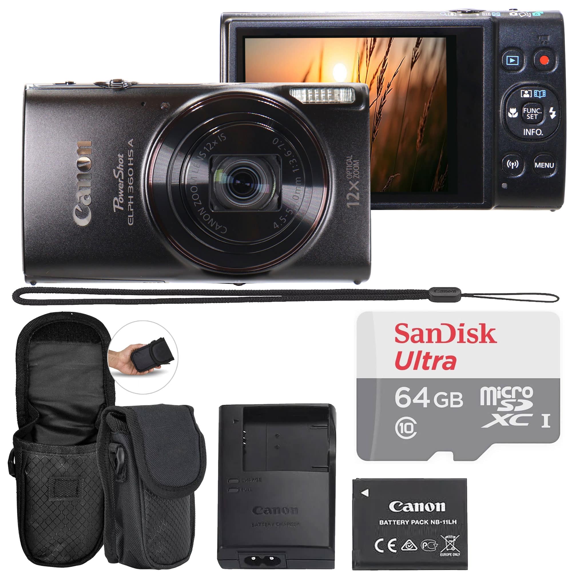 Bundle - Canon - PowerShot ELPH 360 HS Digital Camera with 64GB microSDXC Card and Protective Case - Black