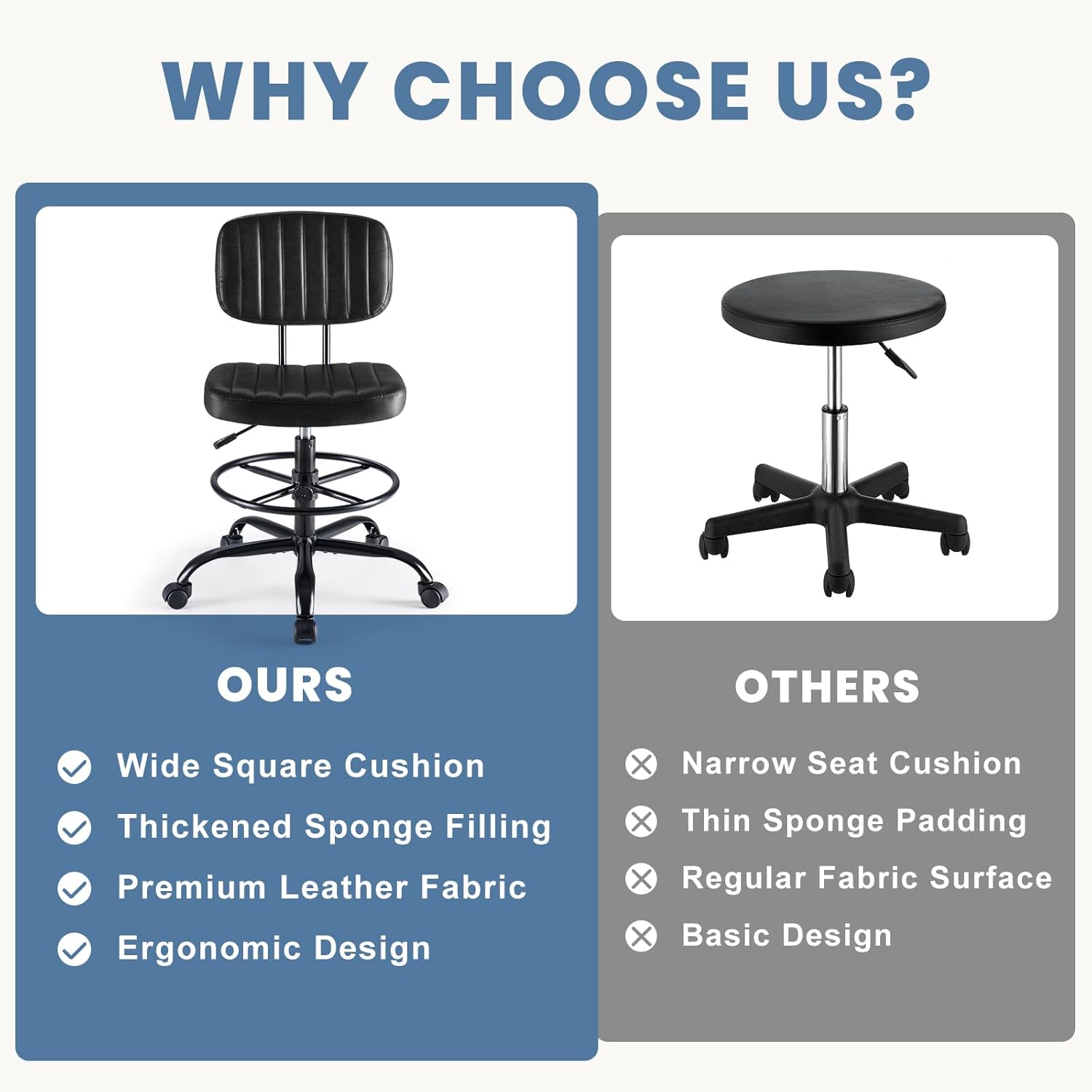 WHY CHOOSE US?

OURS
- Wide Square Cushion
- Thickened Sponge Filling
- Premium Leather Fabric
- Ergonomic Design

OTHERS
- Narrow Seat Cushion
- Thin Sponge Padding
- Regular Fabric Surface
- Basic Design