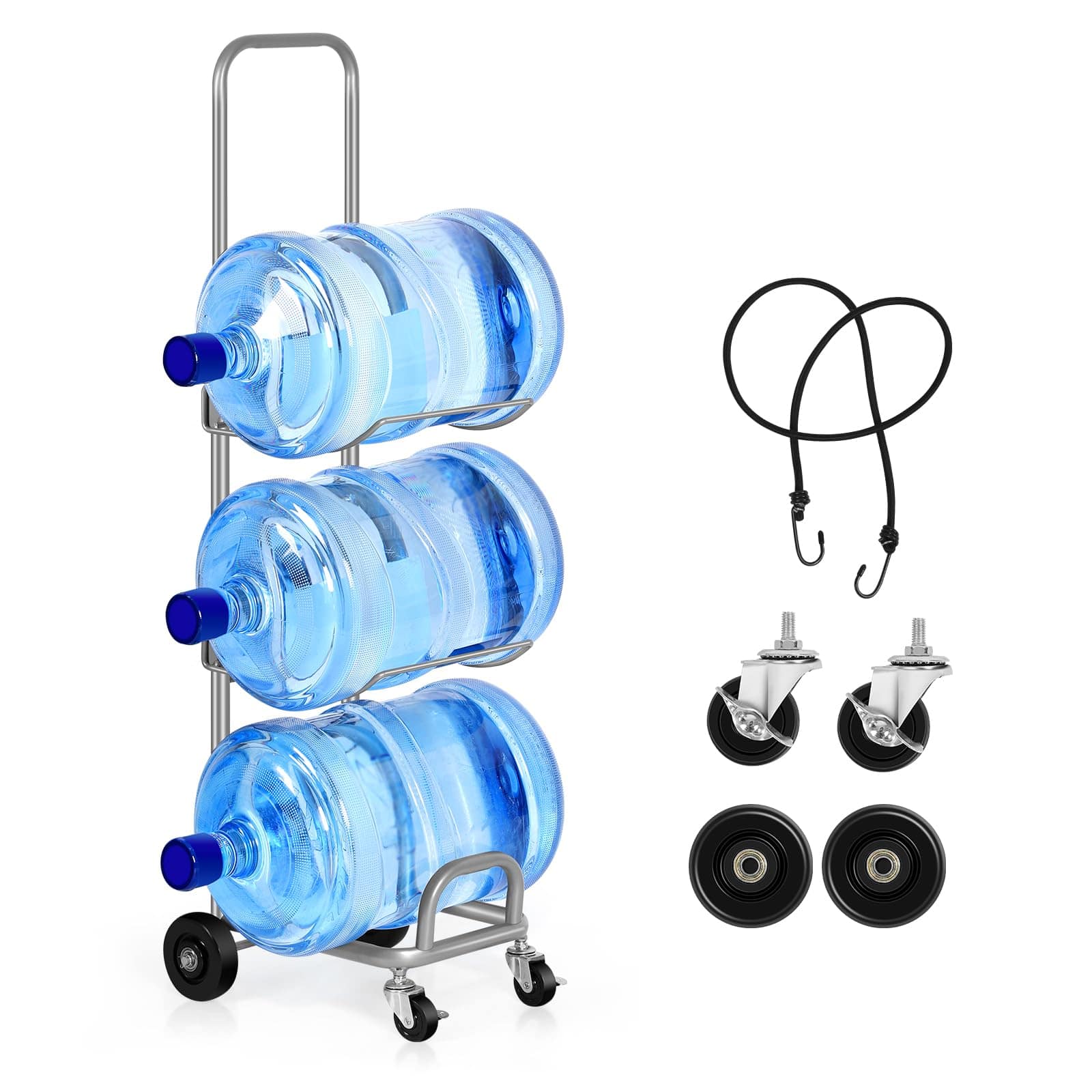 Cedar Assembly - 5 Gallon Water Jug Holder with 4 Wheels 3 Tier Movable Water Bottle Holder Organizer with Lockable Casters - Silver