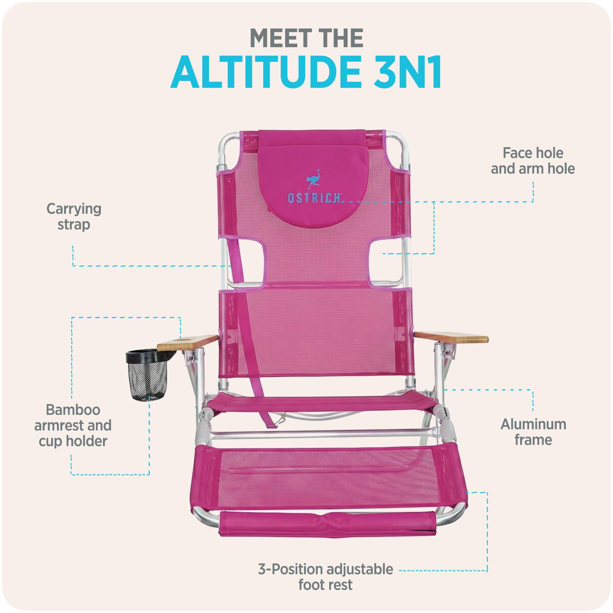 MEET THE ALTITUDE 3N1

- Face hole and arm hole
- Carrying strap
- OSTRICH Bamboo armrest and cup holder
- Aluminum frame
- 3-Position adjustable foot rest
