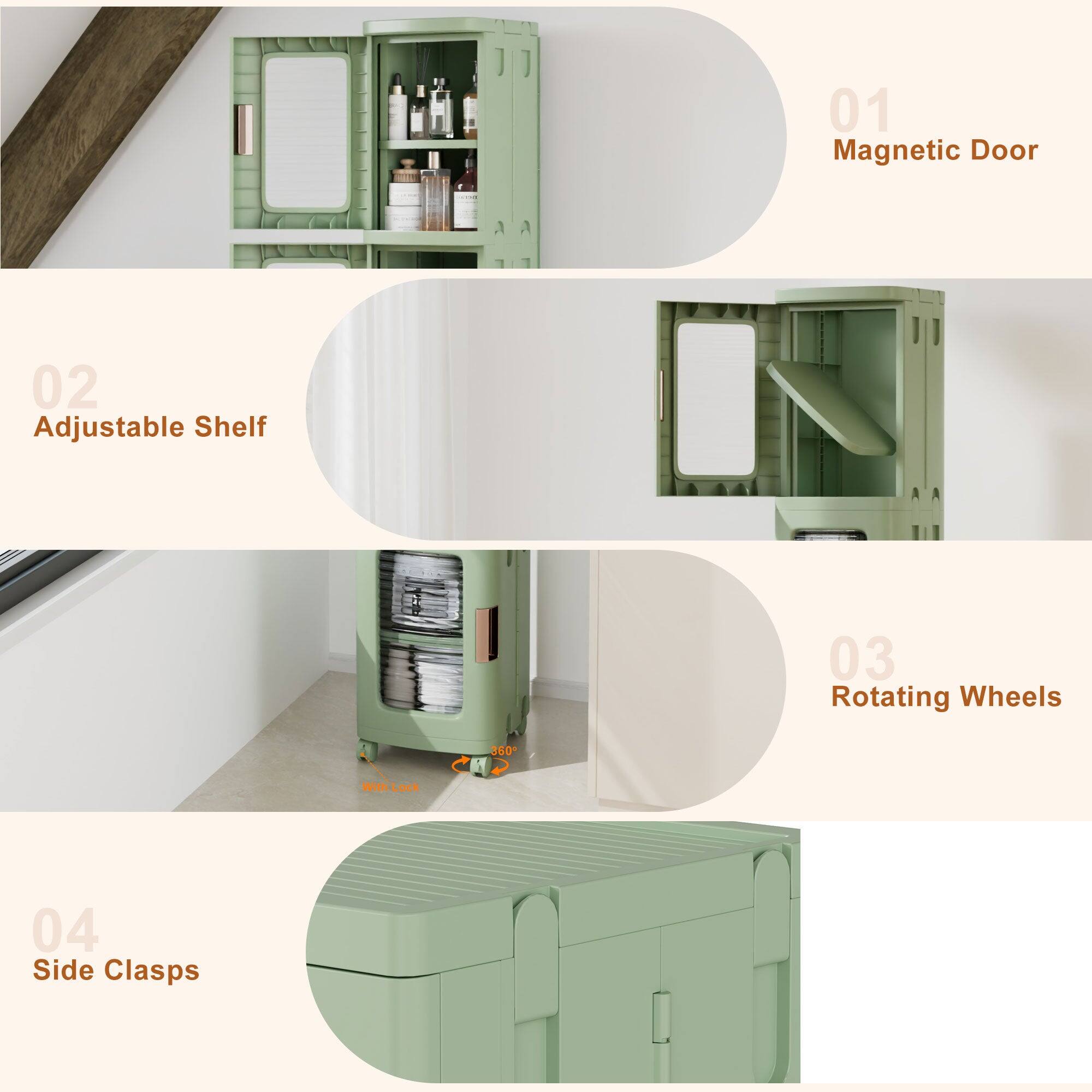 01 Magnetic Door  
02 Adjustable Shelf  
03 Rotating Wheels  
04 Side Clasps