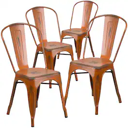 Emma + Oliver - Commercial Grade 4 Pack Distressed Metal Indoor-Outdoor Stackable Chair - Orange