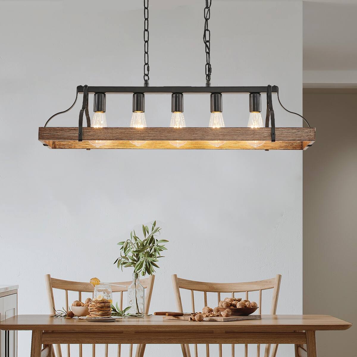 Back. Loheer - Loheer Modern Farmhouse Chandelier, 34-Inch Black Walnut Pendant Light with 5 E26 Sockets and Adjustable Chains.