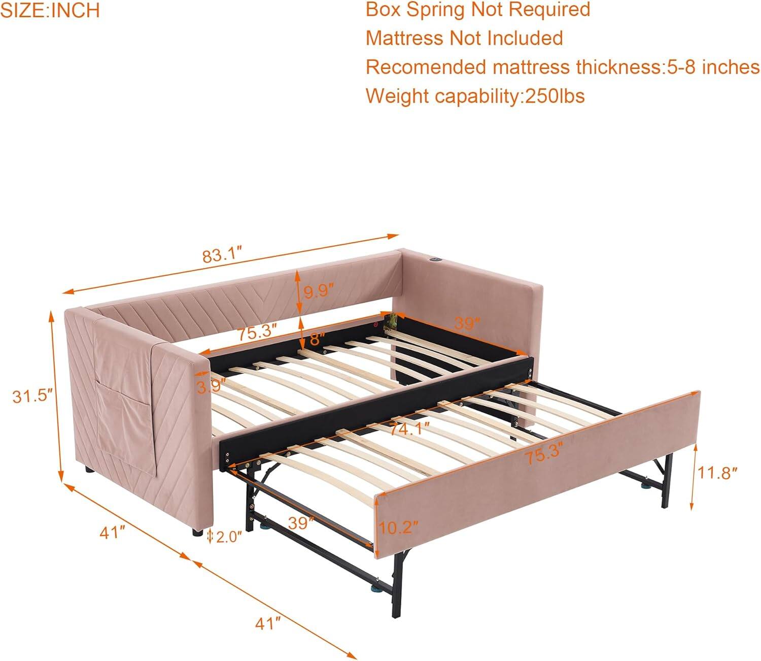 **SIZE: INCH**

- Box Spring Not Required
- Mattress Not Included
- Recommended mattress thickness: 5-8 inches
- Weight capability: 250lbs

**Dimensions:**
- Length: 83.1"
- Width: 75.3"
- Height: 11.8"
- Headboard Height: 9.9"
- Footboard Height: 11.8"
- Side Rail Height: 3.9"
- Leg Height: 2.0"
- Slats: 39" (18 slats)
- Slat Spacing: 3.9"