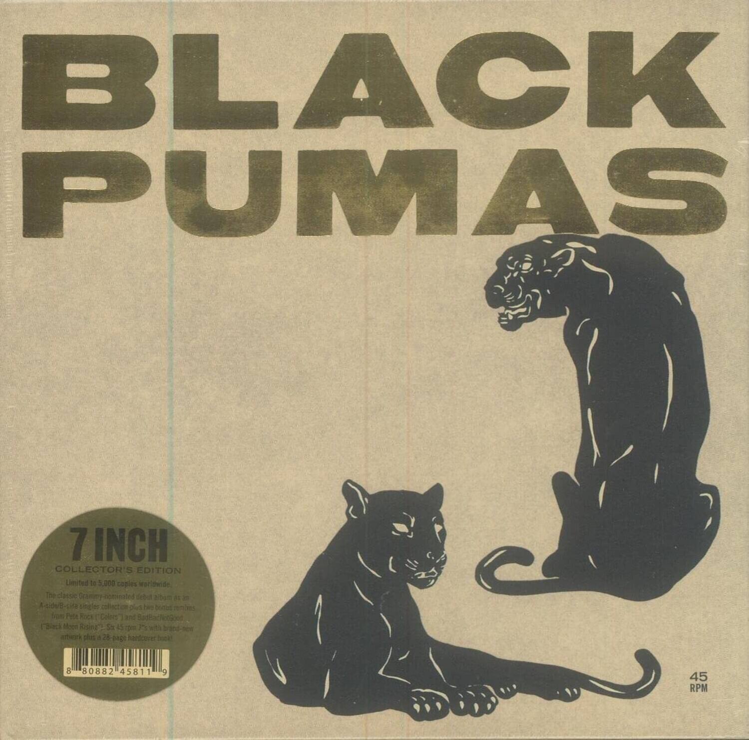 BLACK PUMAS  
7 INCH COLLECTOR'S EDITION  
Limited - 5,000 copies worldwide  

The classic Stammy-hommated debut album as a 45rpm 7-inch single collection plus bonus tracks:  
- "Rock Celeors"  
- "Bad Backen Good"  
- "Chieck Mnon Cheny"  
- "Sa 45"  
- "F wth ted-tm pls"  
- "28 ag hardceer"  
- "Boek E"  

45 RPM  

8 80882 45811 9