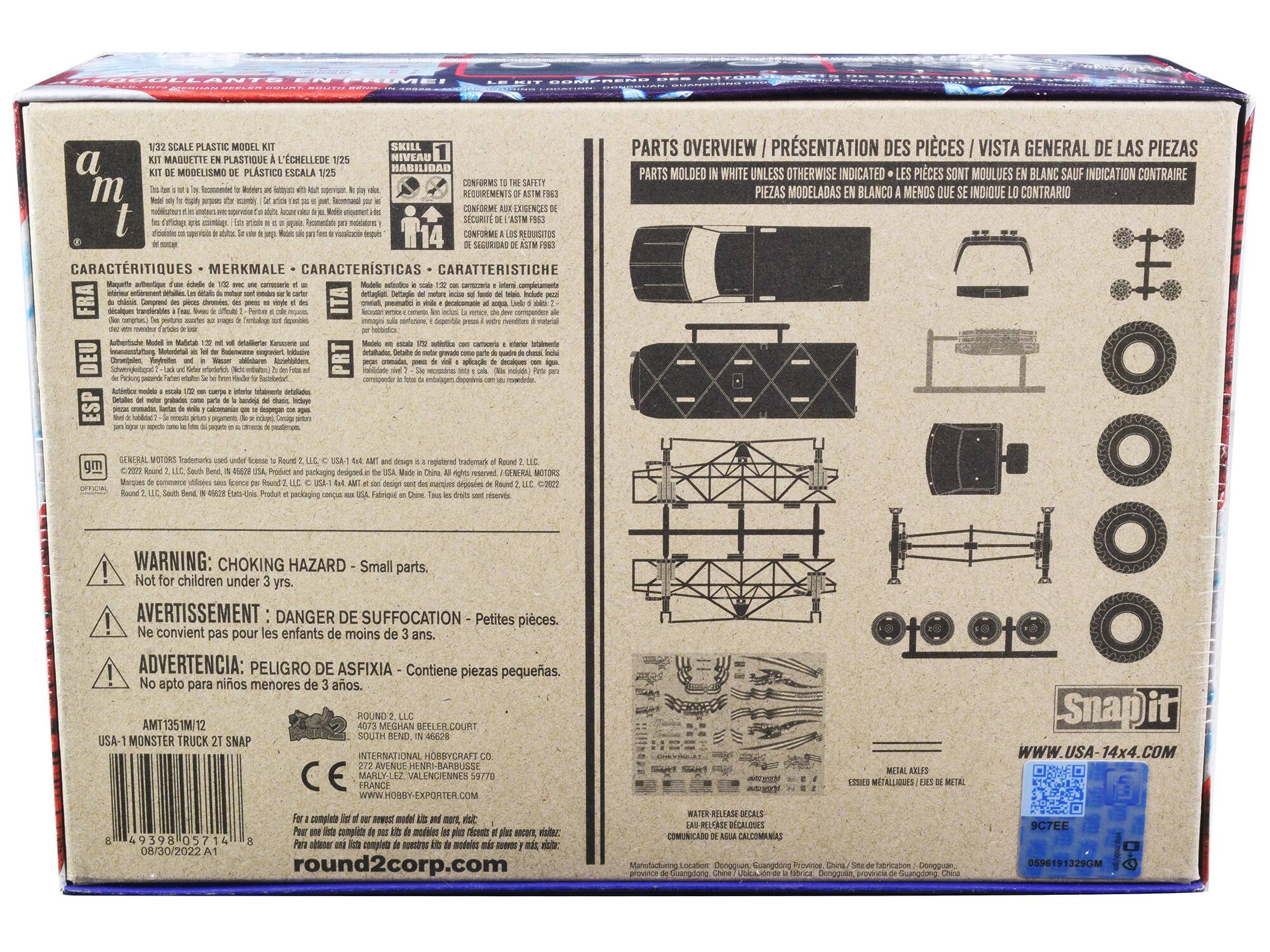 Sure, here is the corrected and grouped text from the image:

---

**1/32 SCALE PLASTIC MODEL KIT / KIT MAQUETTE EN PLASTIQUE À L'ÉCHELLE 1/32 / KIT DE MODELSMO PLÁSTICO A ESCALA 1/32**

This kit is not recommended for children under 3 years. It contains small parts. Modelos no recomendados para niños menores de 3 años. Contiene piezas pequeñas. Modell nicht geeignet für Kinder unter 3 Jahren. Enthält kleine Teile.

**SKILL LEVEL / NIVEAU DE COMPÉTENCE / NIVEL DE HABILIDAD / NIVEL DI COMPETENZA**

**CARACTERÍSTIQUES / MERKMALE / CARACTERÍSTICAS / CARATTERISTICHE**

- **GENERAL MOTORS** - **GÉNÉRAL MOTORS** - **GENERAL MOTORS** - **GENERAL MOTORS**
  - **ROUND 2, LLC** - **ROUND 2, LLC** - **ROUND 2, LLC** - **ROUND 2, LLC**
  - **USA** - **USA** - **