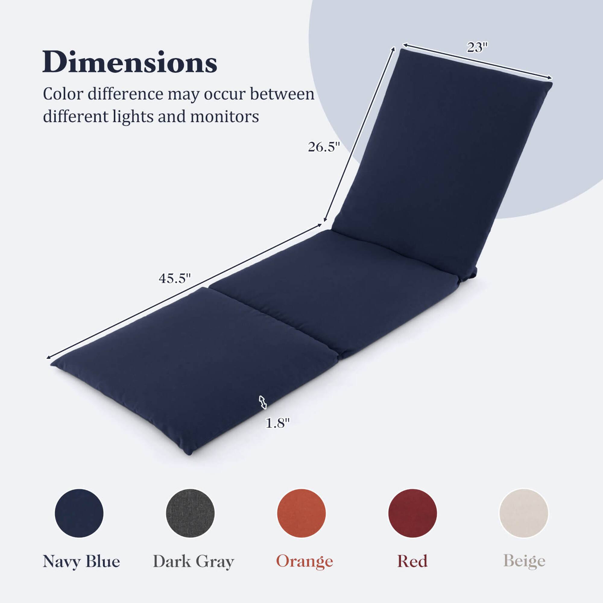 Dimensions  
Color difference may occur between different lights and monitors  

23"  
26.5"  
45.5"  
1.8"  

Navy Blue  
Dark Gray  
Orange  
Red  
Beige