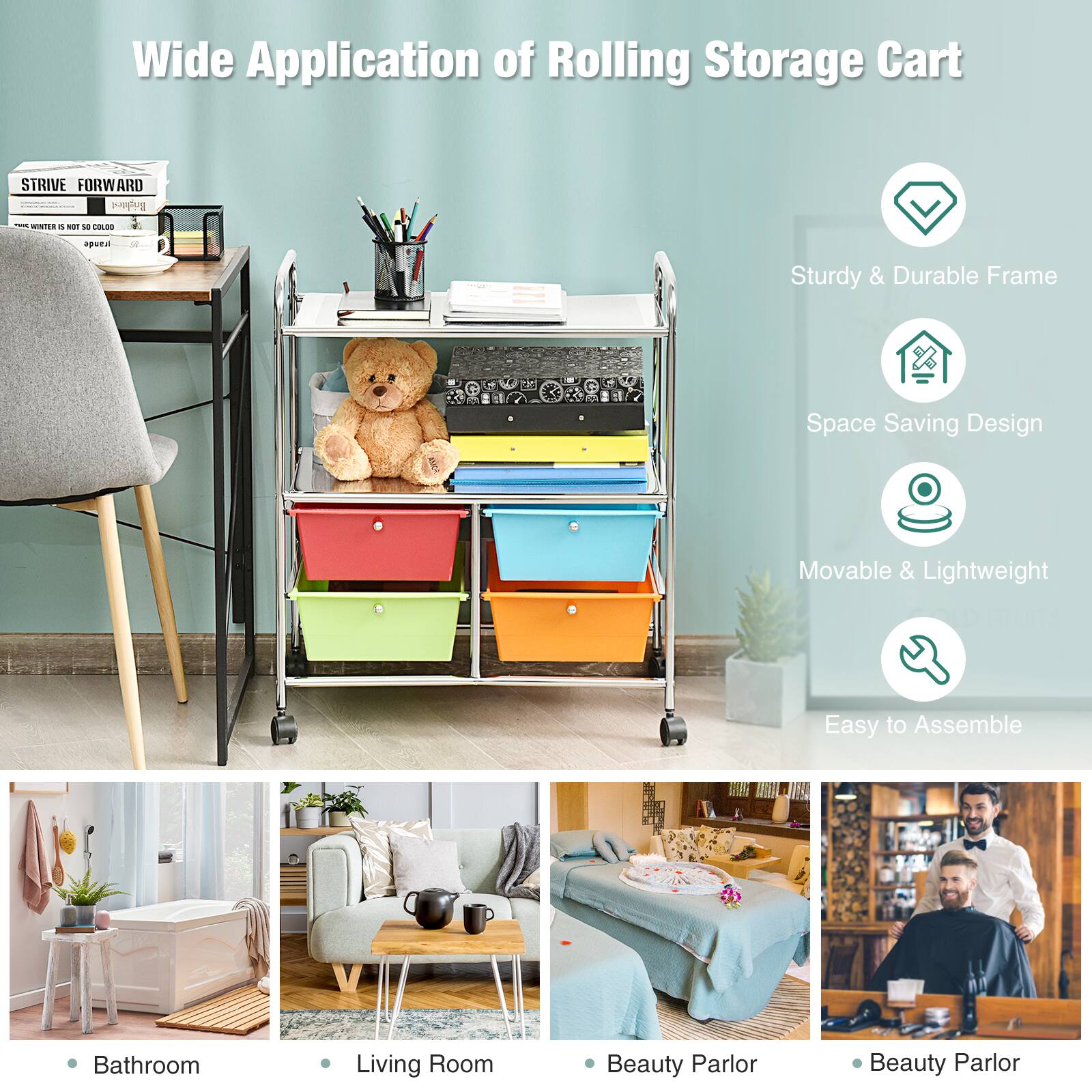 Wide Application of Rolling Storage Cart: Sturdy & Durable Frame, Space Saving Design, Movable & Lightweight, Easy to Assemble.
