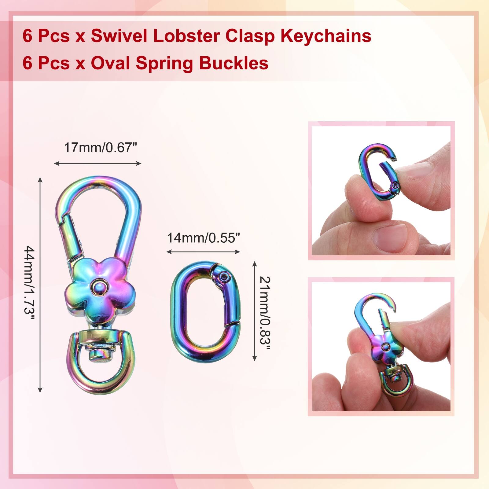 6 Pcs x Swivel Lobster Clasp Keychains  
6 Pcs x Oval Spring Buckles  
17mm/0.67"  
14mm/0.55"  
44mm/1.73"  
21mm/0.83"