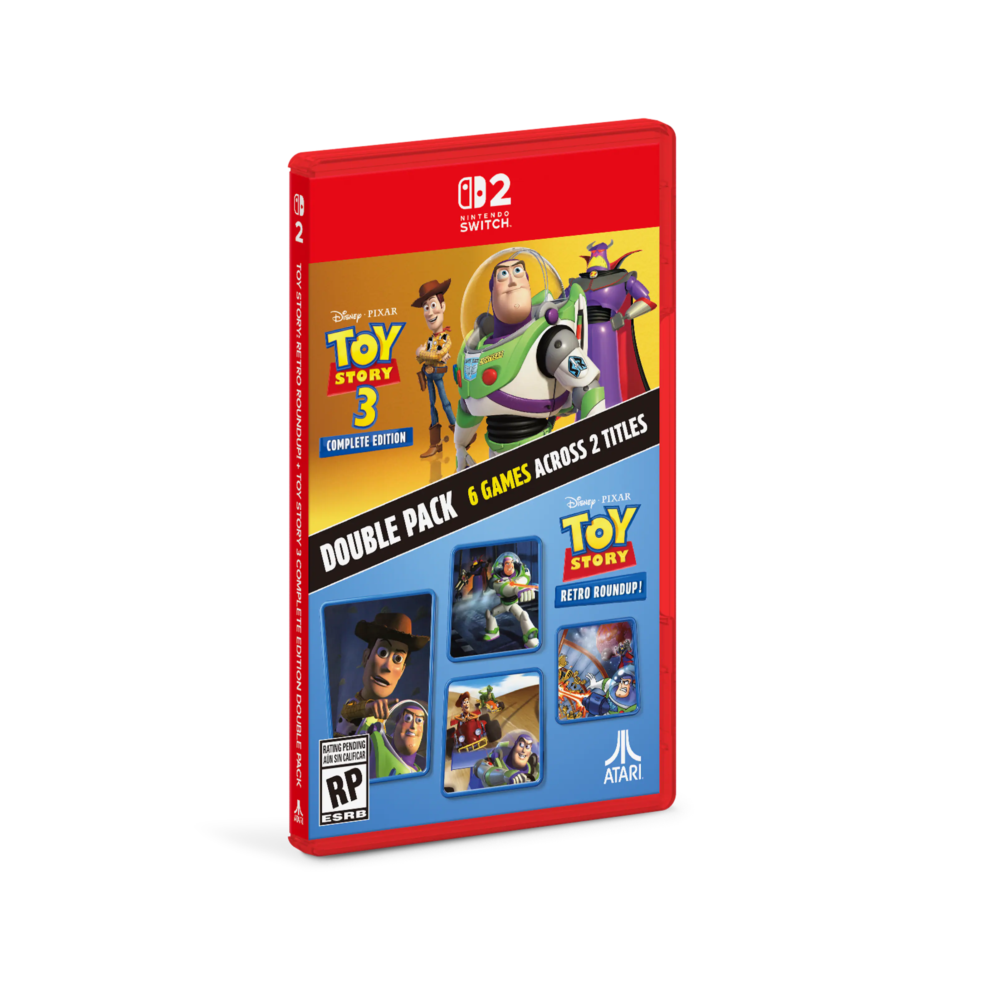 i 2 2 SWITCH. . IOo Disny PIXAR NETRO TOY W O STORY S 3 COMPLETE EDITION 2 TITLES - ACROSS FOW 6 GAMES FIXAR Disny STORY PACK TOY . DOUBLE STORY COnsen RETRO ROUNDUP! ... CLAICI OLE GN PERCING A CLFCE PACK RP ATARI 4 ESRB
Corrected text:
Nintendo Switch
Disney Pixar Toy Story 3 Complete Edition
Double Pack & 6 Games Across 2 Titles
Disney Pixar Toy Story Retro Roundup!
Atari
Rating Pending
RP ESRB