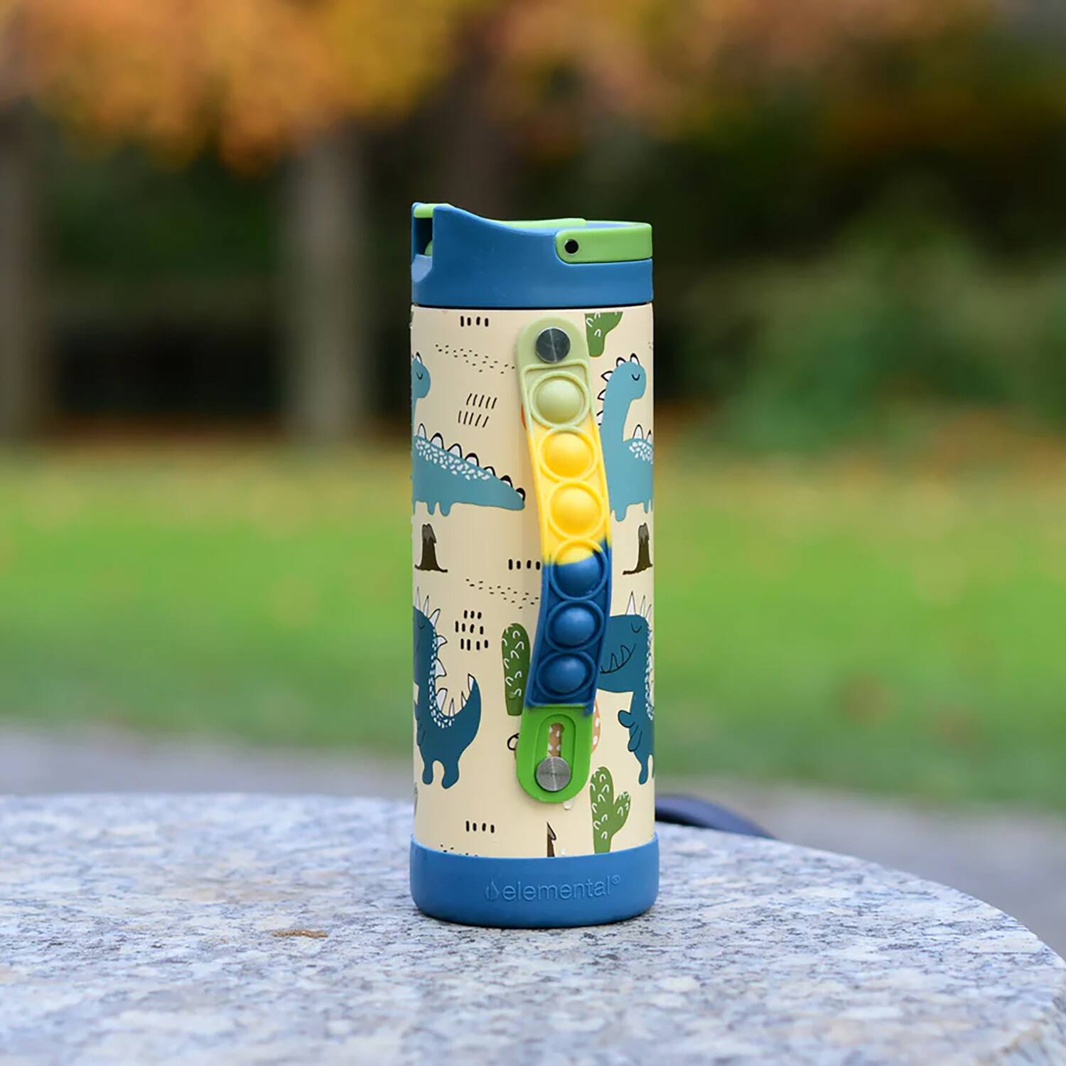 Angle. Elemental - Iconic Pop Stainless Steel Fidget Water Bottle 14 Oz, Flip-open Sports Cap, Dinosaur Design - Dinosaur.