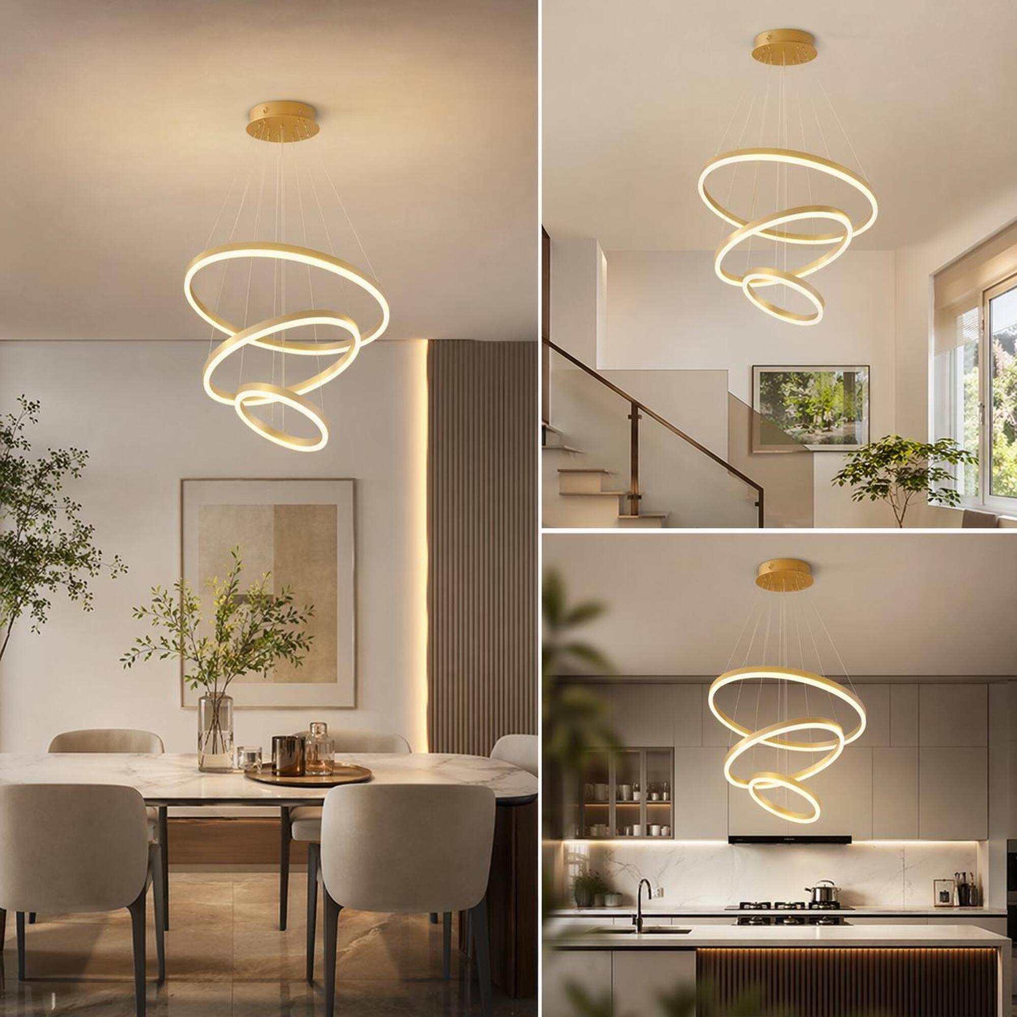 Back. RYHNUYNE - Modern Gold LED Chandelier with Three Interlocking Rings, Dimmable Remote Control, Adjustable Height Pendant Light.