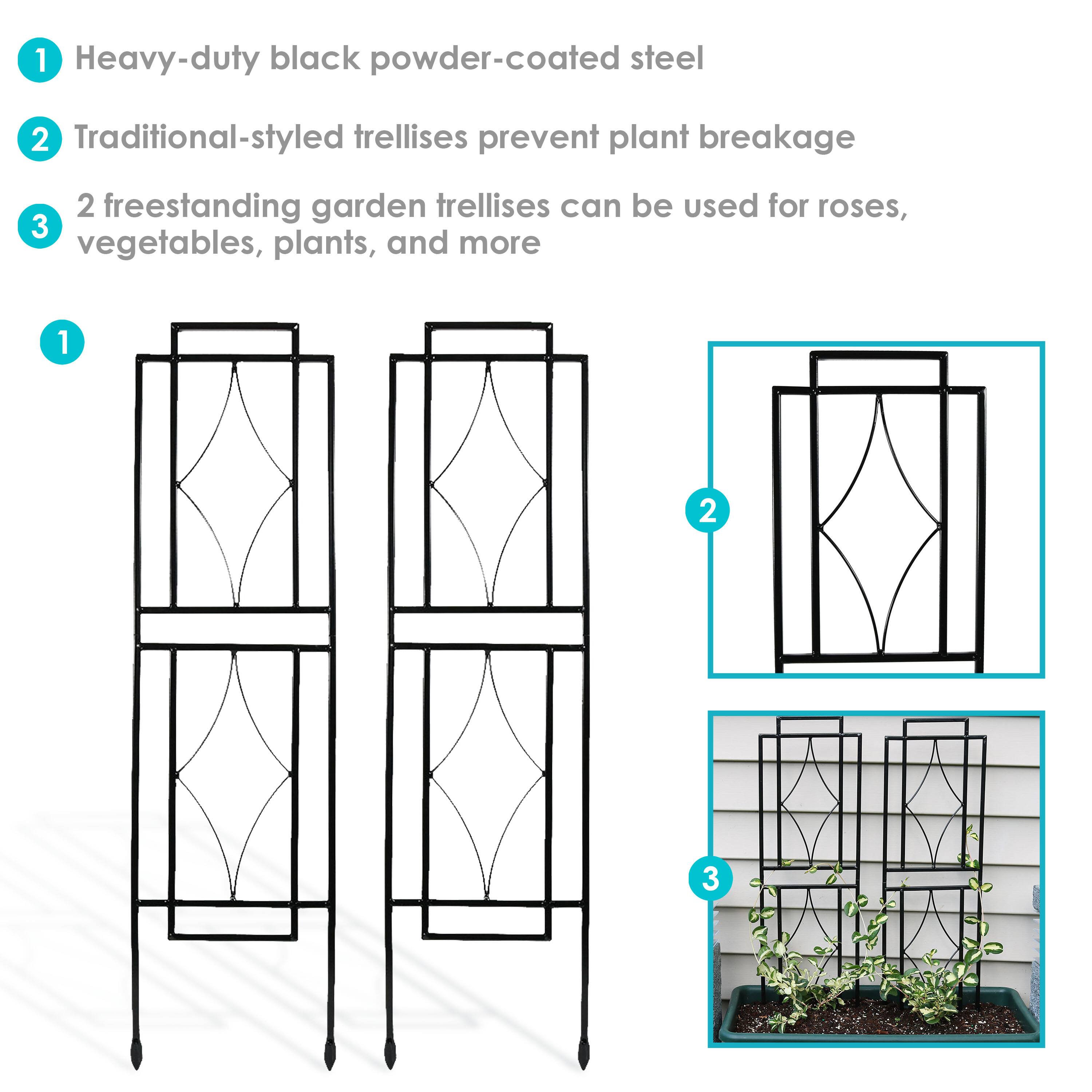 1. Heavy-duty black powder-coated steel
2. Traditional-styled trellises prevent plant breakage
3. 2 freestanding garden trellises can be used for roses, vegetables, plants, and more