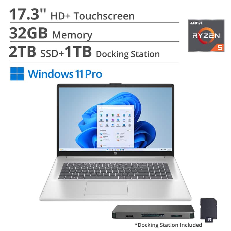 HP - 17.3" HD+ Touchscreen Laptop,Ryzen 5 7430U,32GB RAM,2TB SSD+1TB Dock Set,AMD Radeon GPU,Wi-Fi 6,Win 11 Pro - Silver