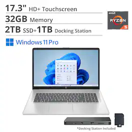 HP - 17.3" HD+ Touchscreen Laptop,Ryzen 5 7430U,32GB RAM,2TB SSD+1TB Dock Set,AMD Radeon GPU,Wi-Fi 6,Win 11 Pro - Silver
